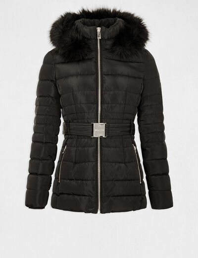 Belted waisted padded jacket with hood black ladies'