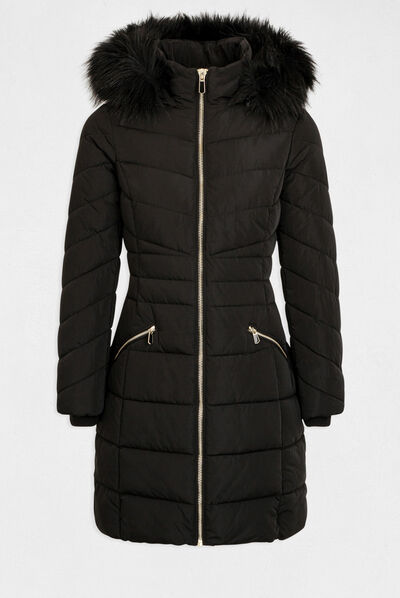 Long waisted padded jacket with hood black ladies'