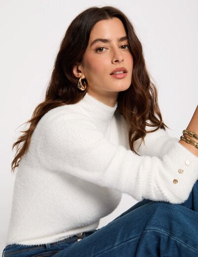 Long-sleeve fuzzy knit sweater ivory women