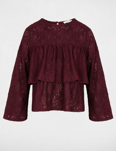 Lace t-shirt with ruffles bordeaux women
