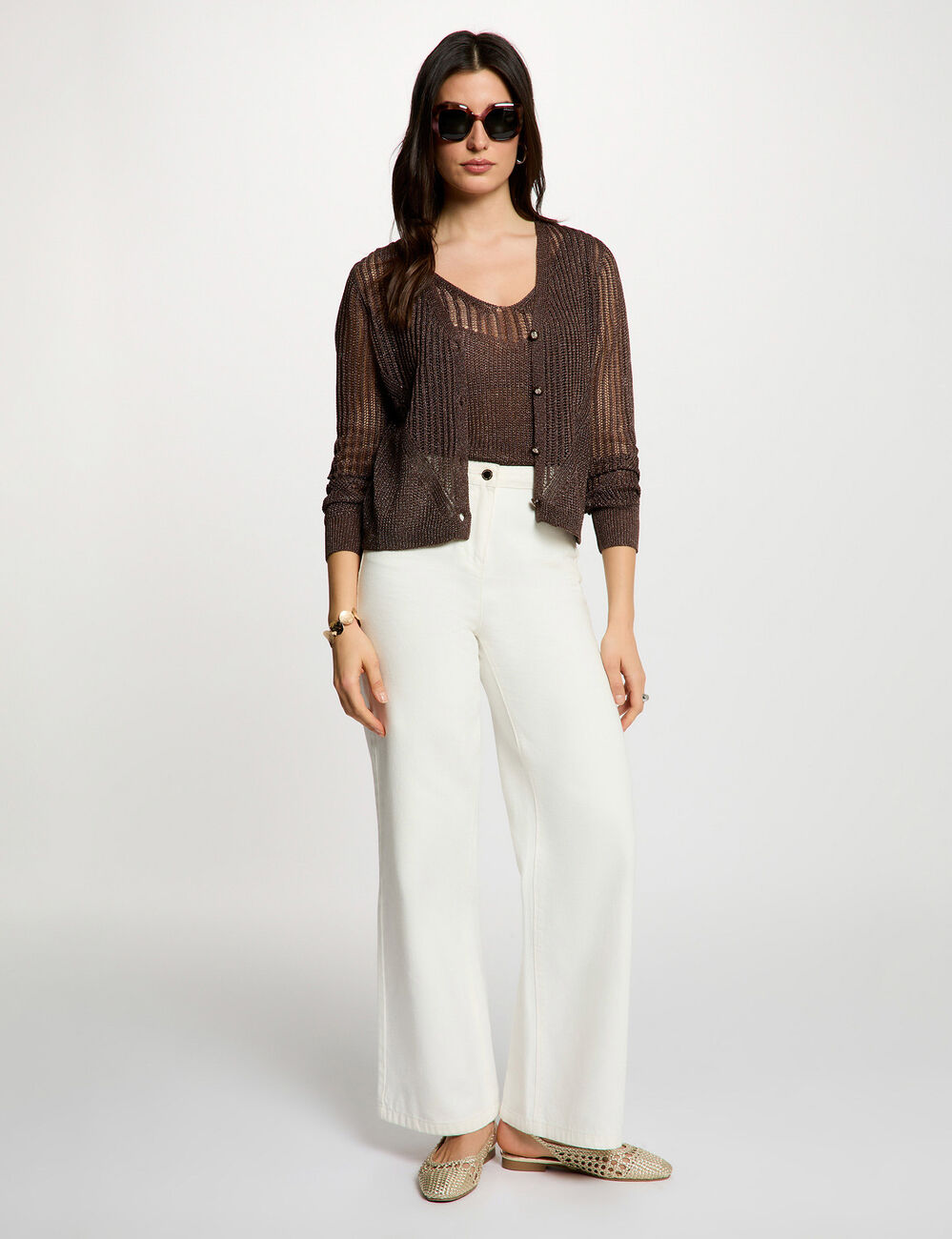 Openwork long-sleeved cardigan dark brown women