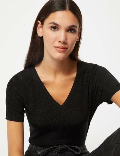 Short-sleeved t-shirt with V-neck black ladies'