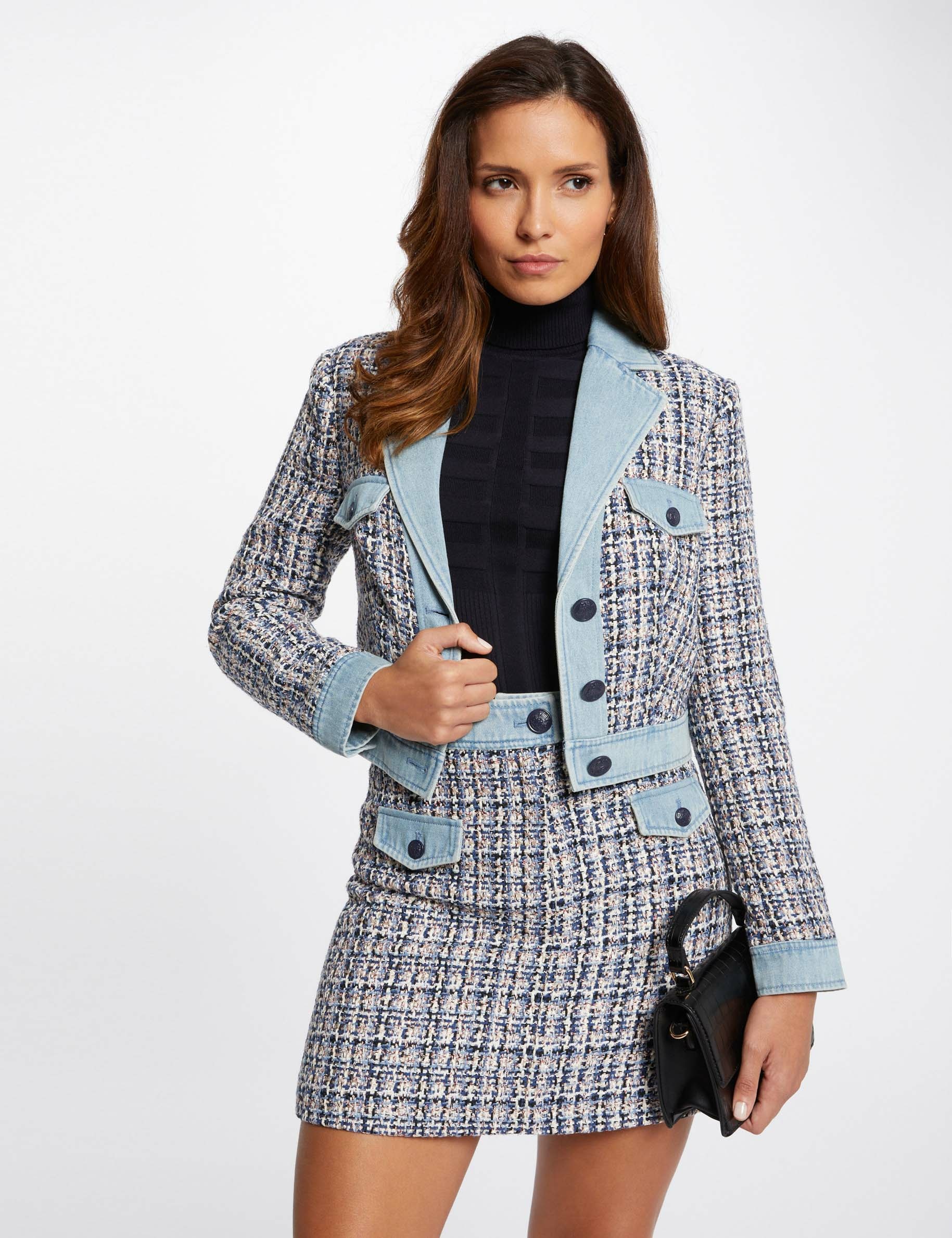 Straight tweed jacket with denim details multico ladies'