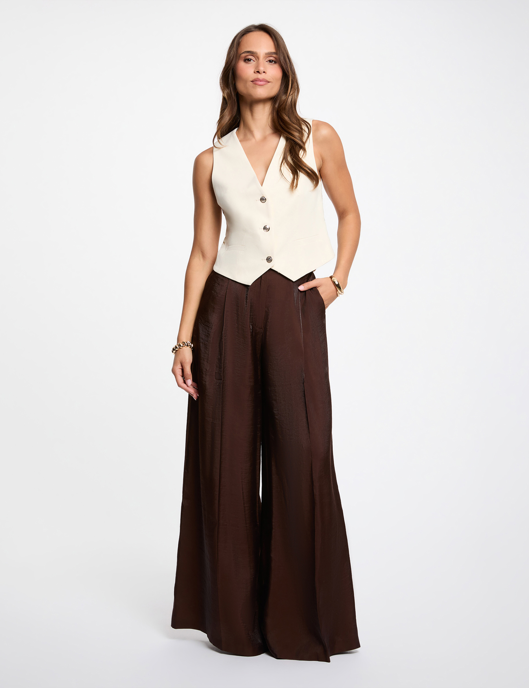 Wide-leg high-waisted trousers dark brown women