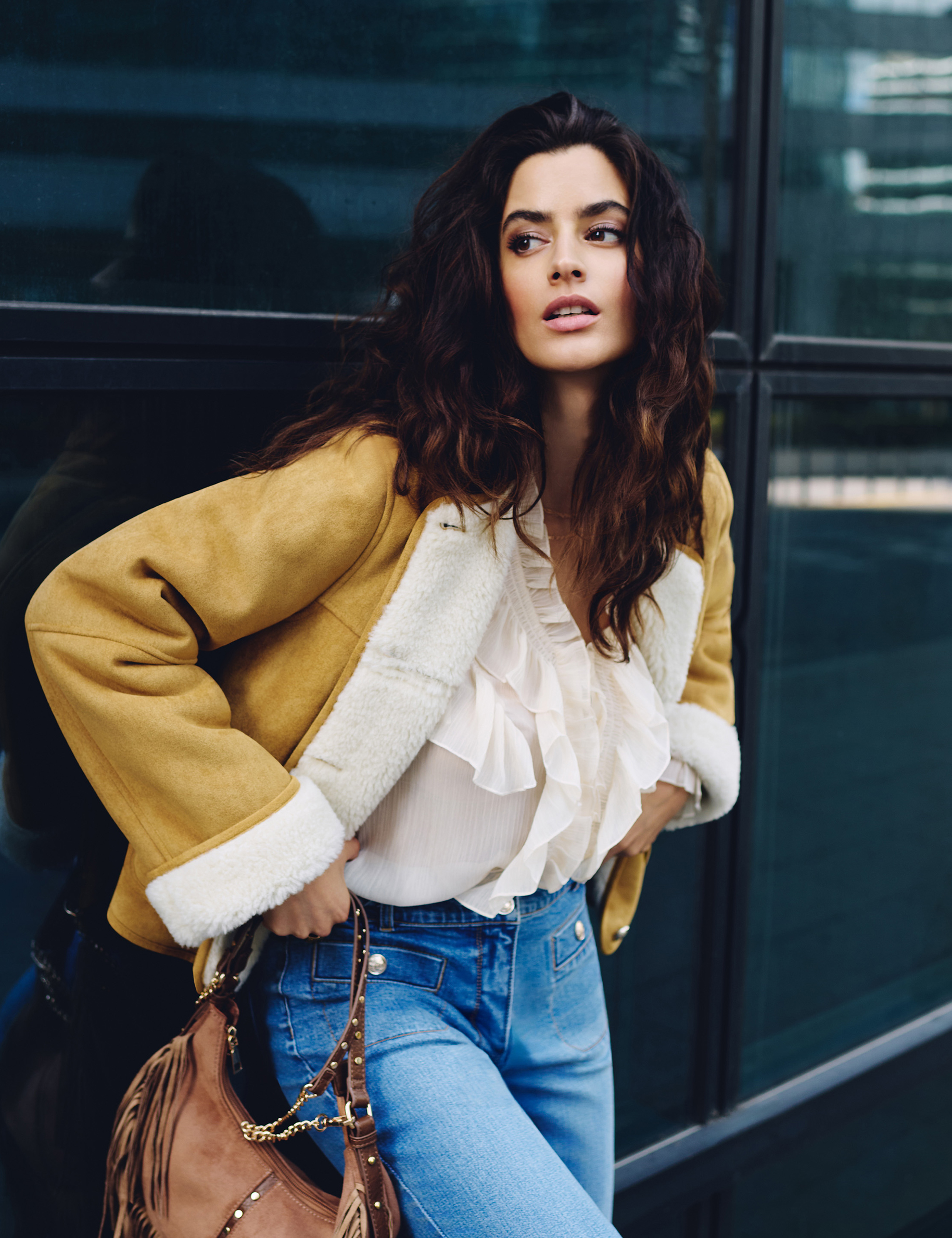 Short faux fur jacket camel women