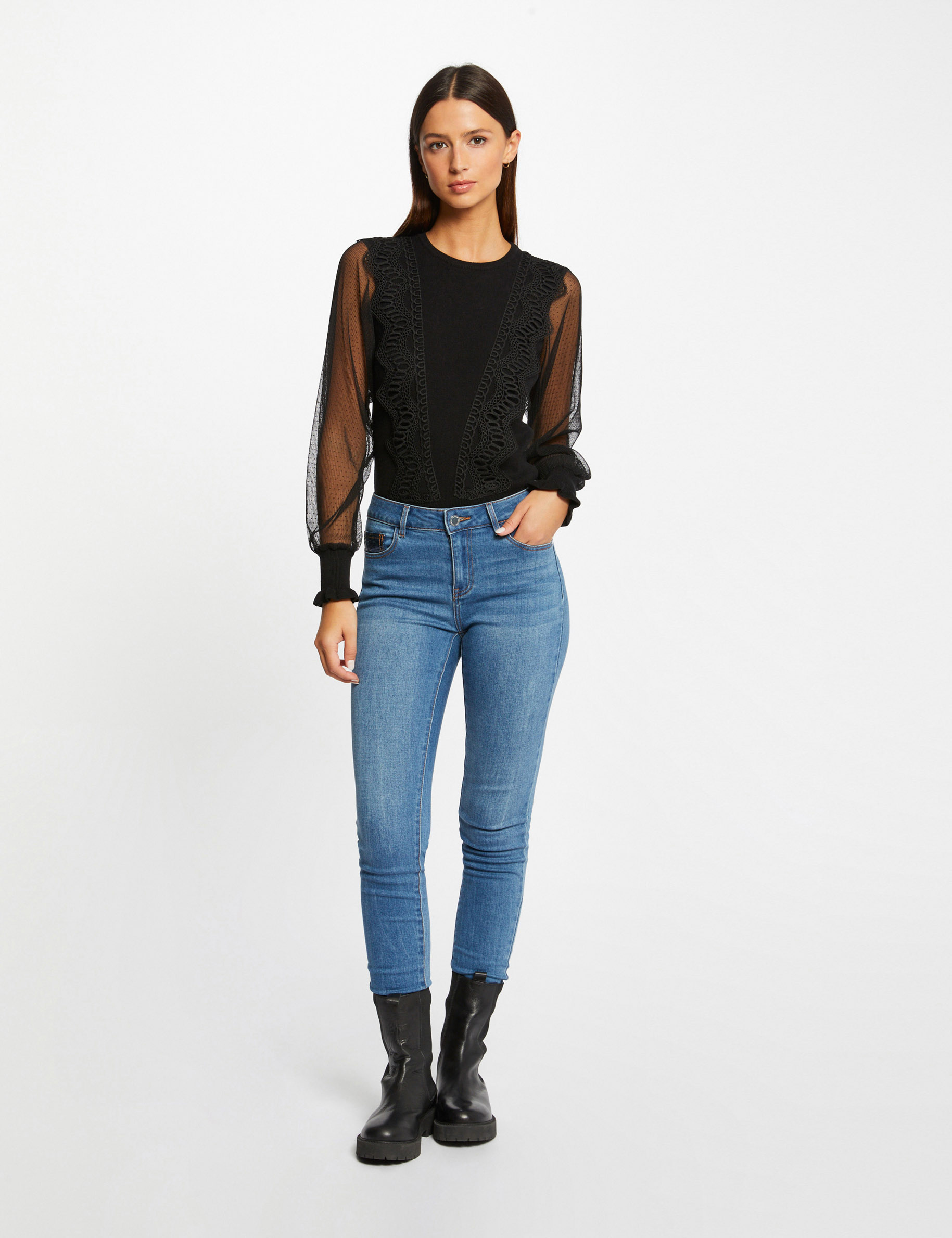 Long-sleeved jumper with dobby spot black ladies'