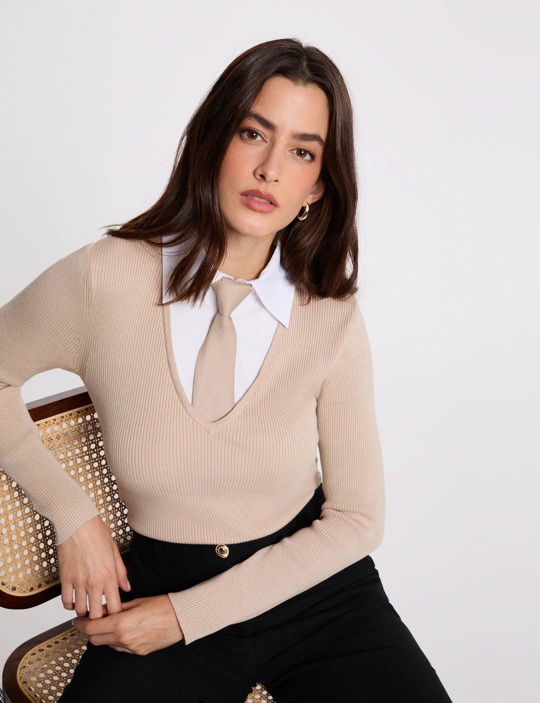 2-in-1 sweater with folded collar beige women