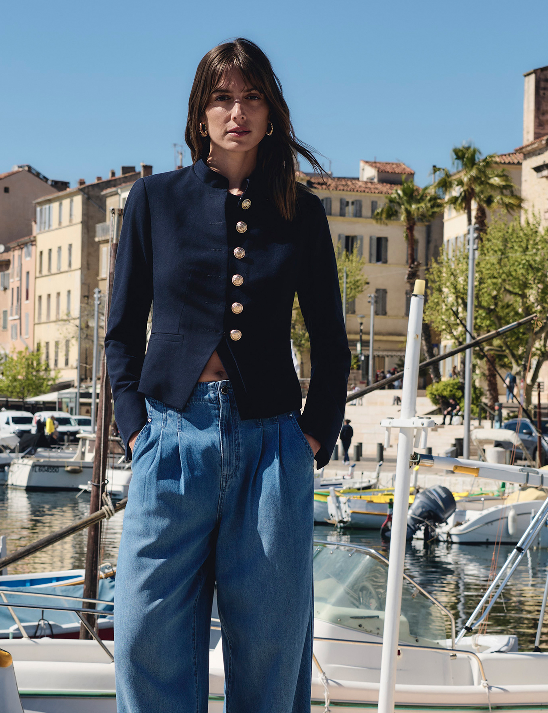 Short jacket with mandarin collar navy blue women