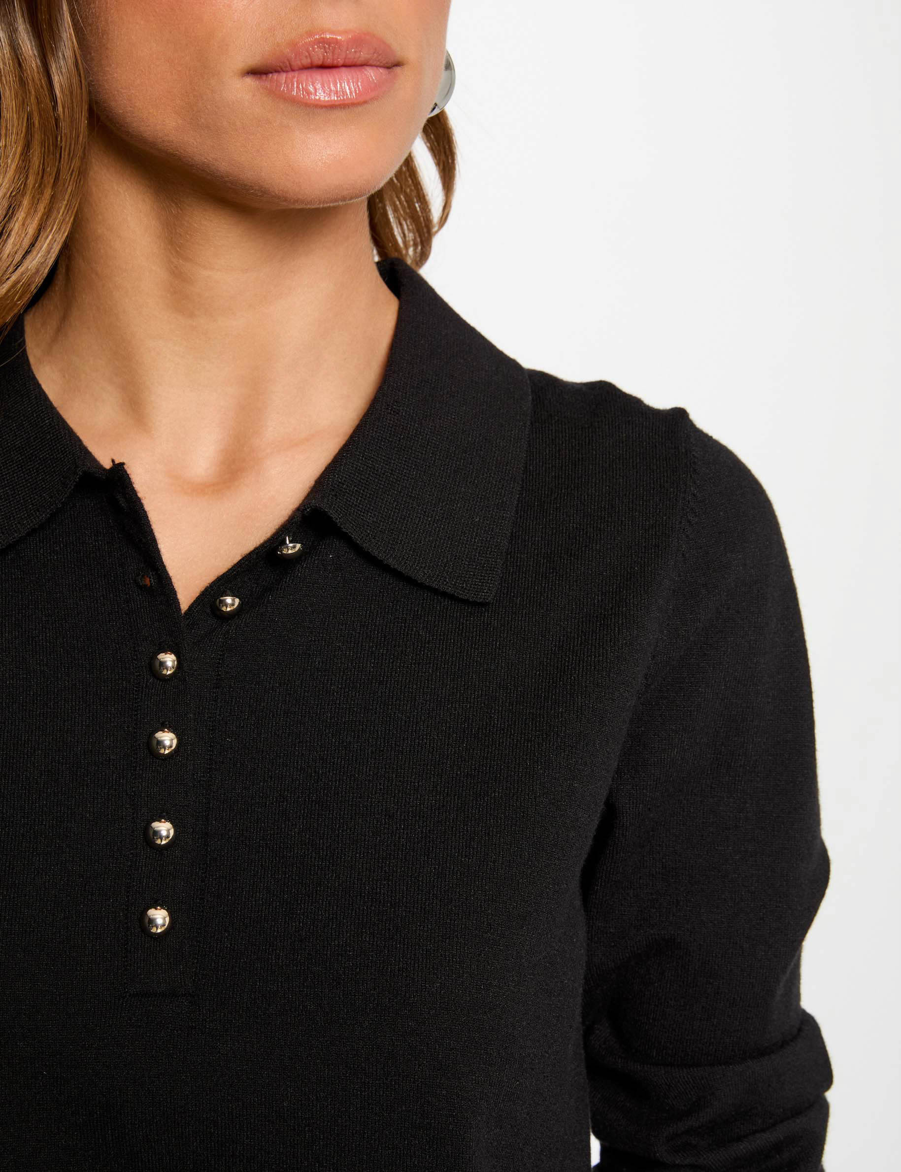Pull col polo manches longues noir femme