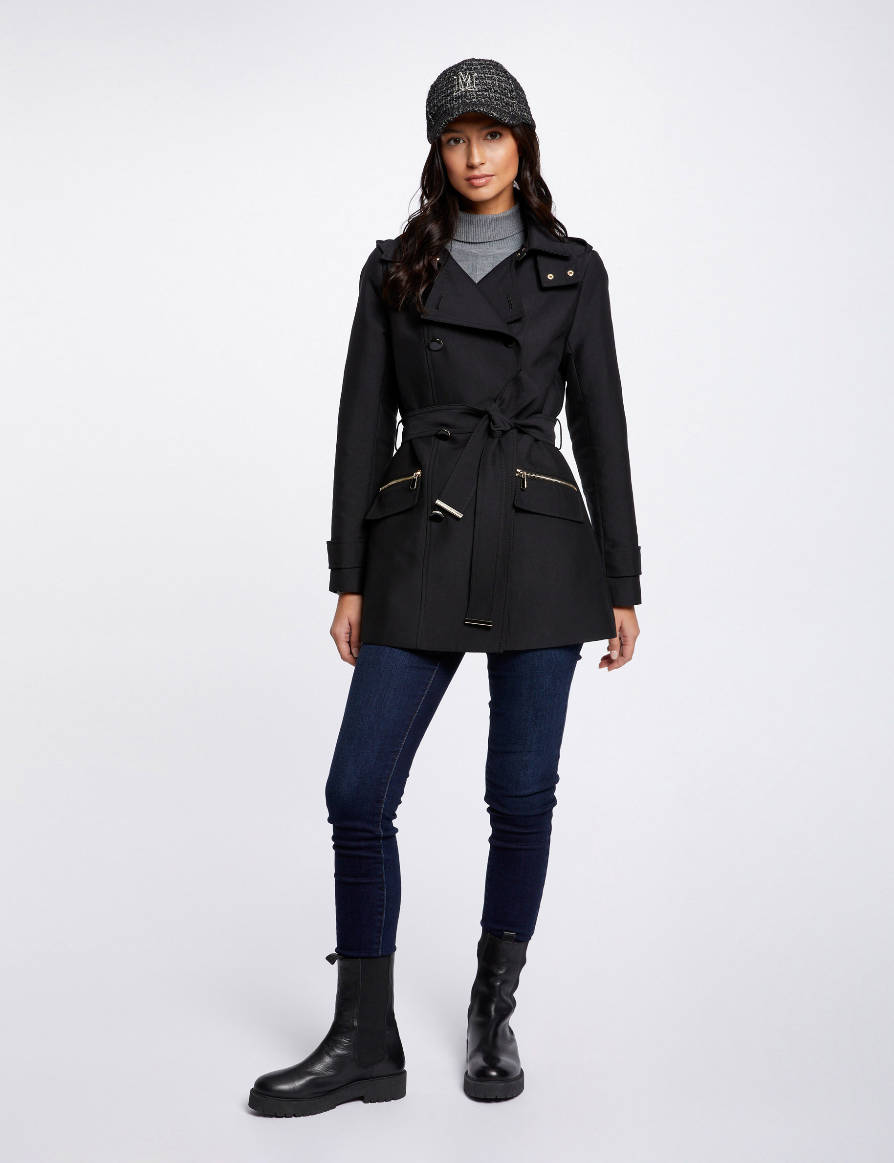 Waisted belted trenchcoat with hood black ladies'