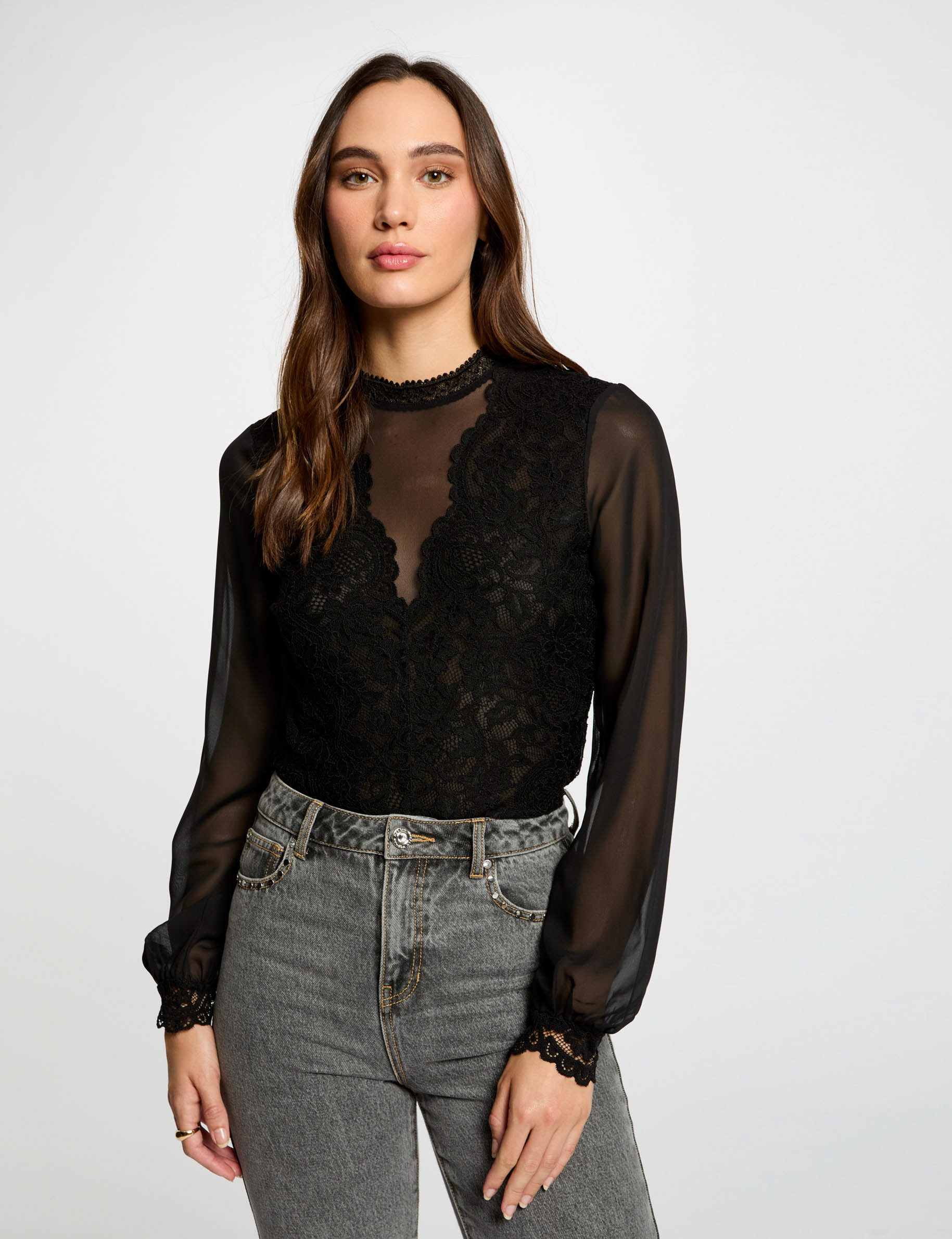 Lace black blouse long sleeve deals