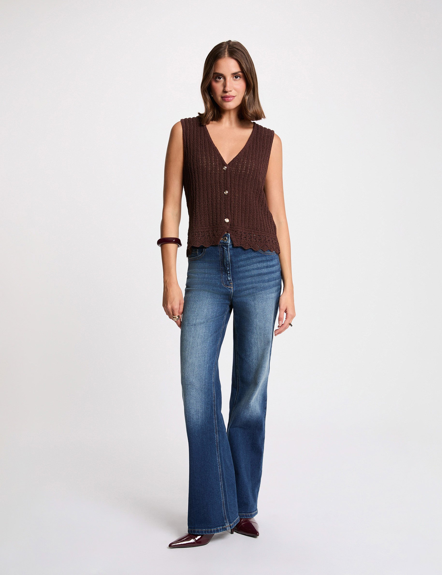 Sleeveless openwork cardigan dark brown women