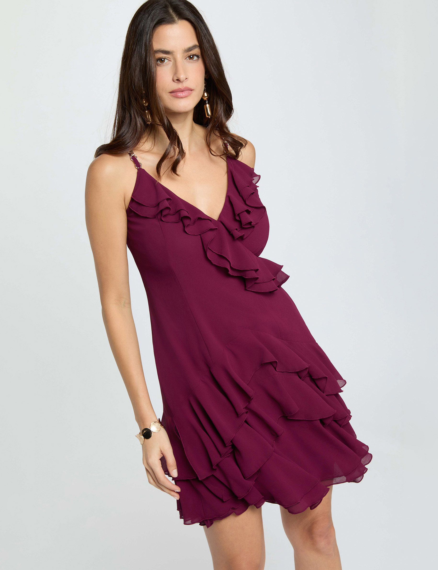 Short dress with V-neck plum women