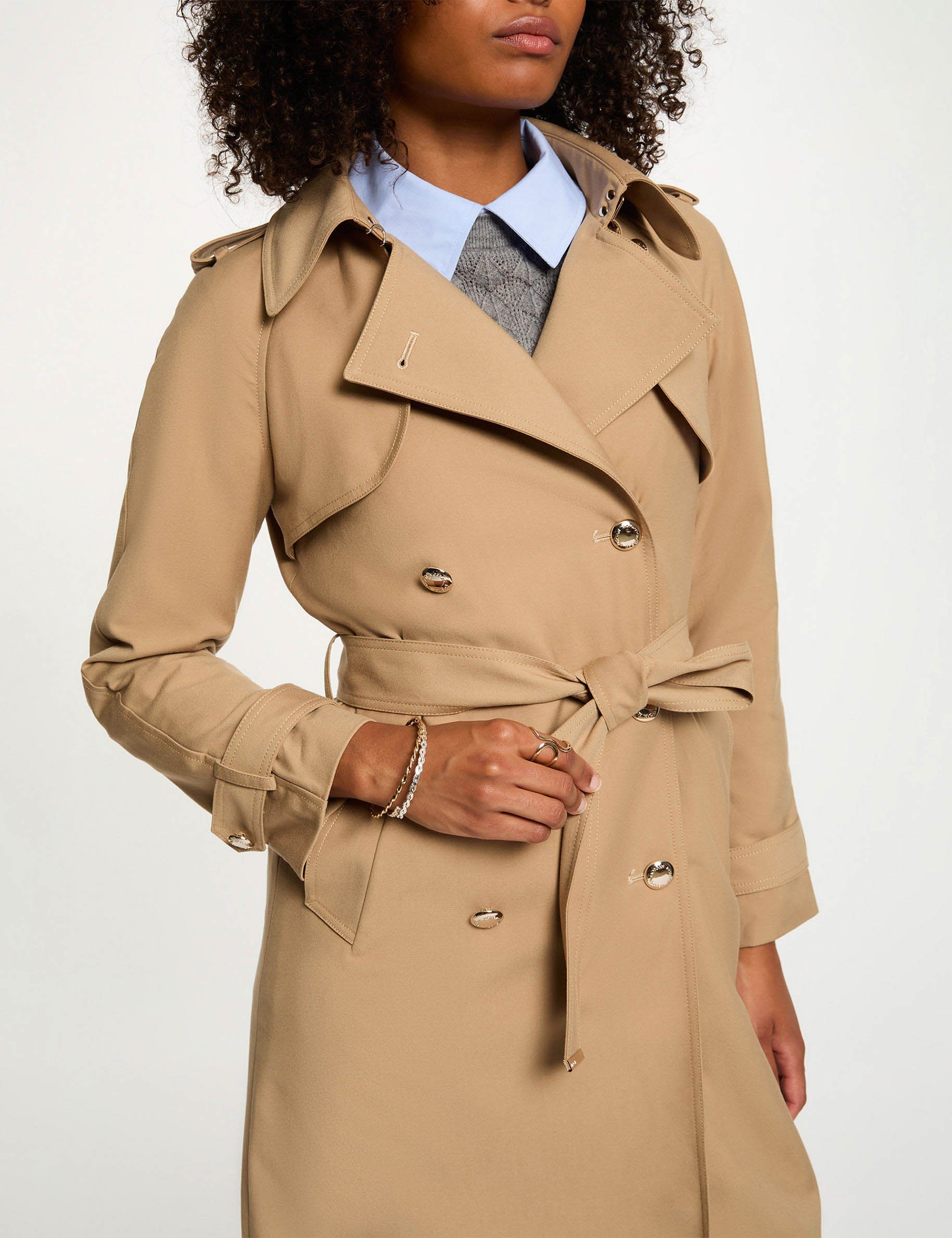 Long trench coat with tailored collar beige women
