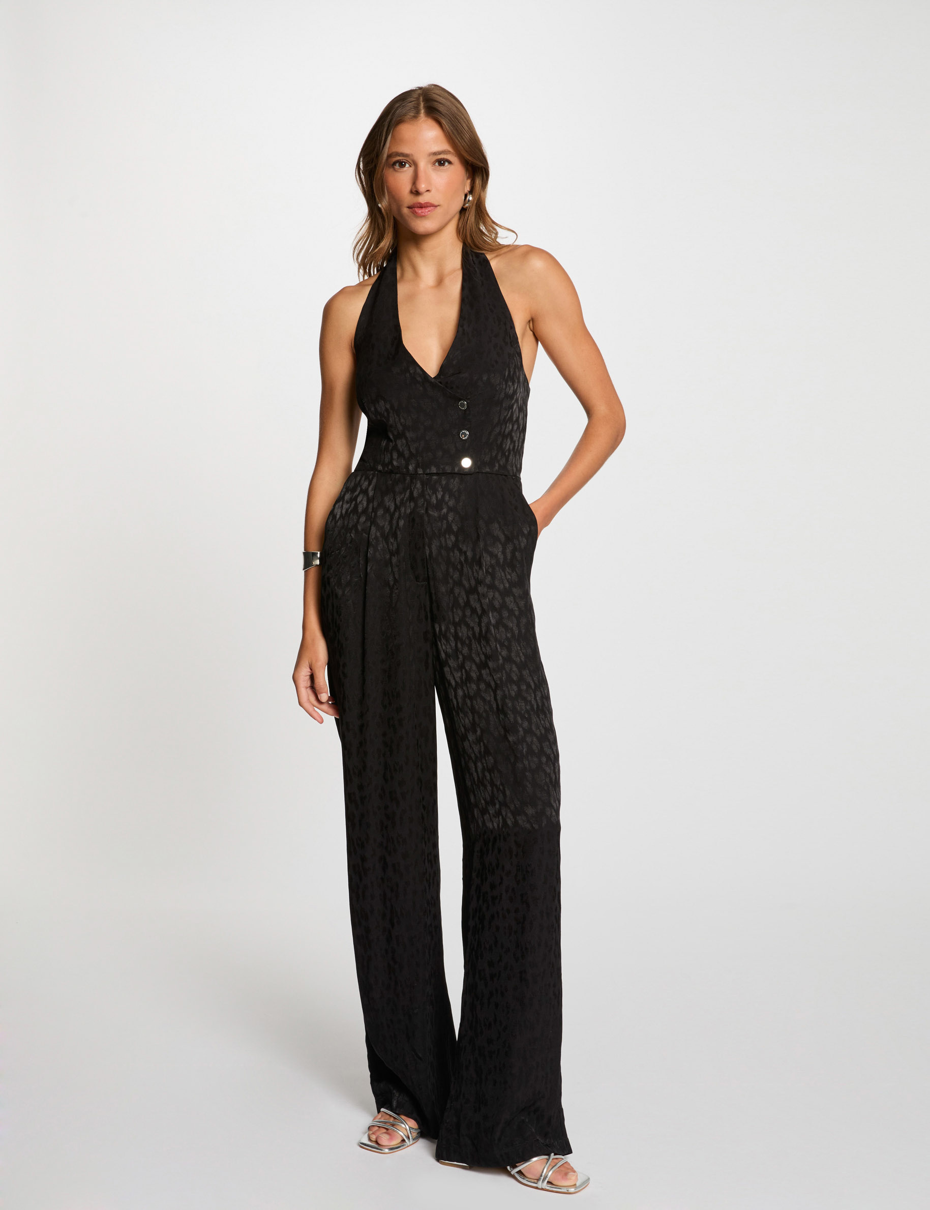 combinaison longue col en v noir femme Combinaison longue col en V noir femme