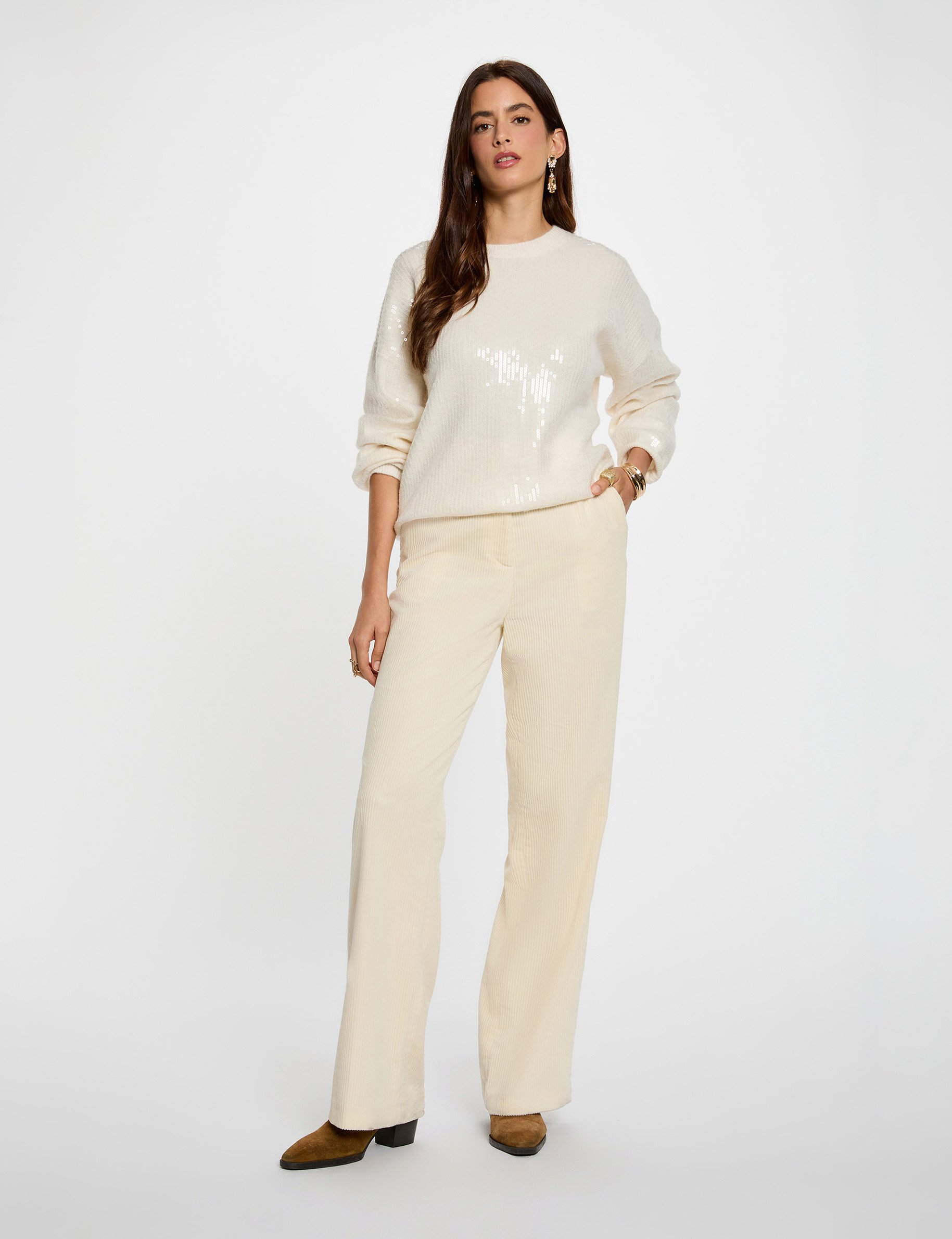 Sequin sweater with round neck ivory women