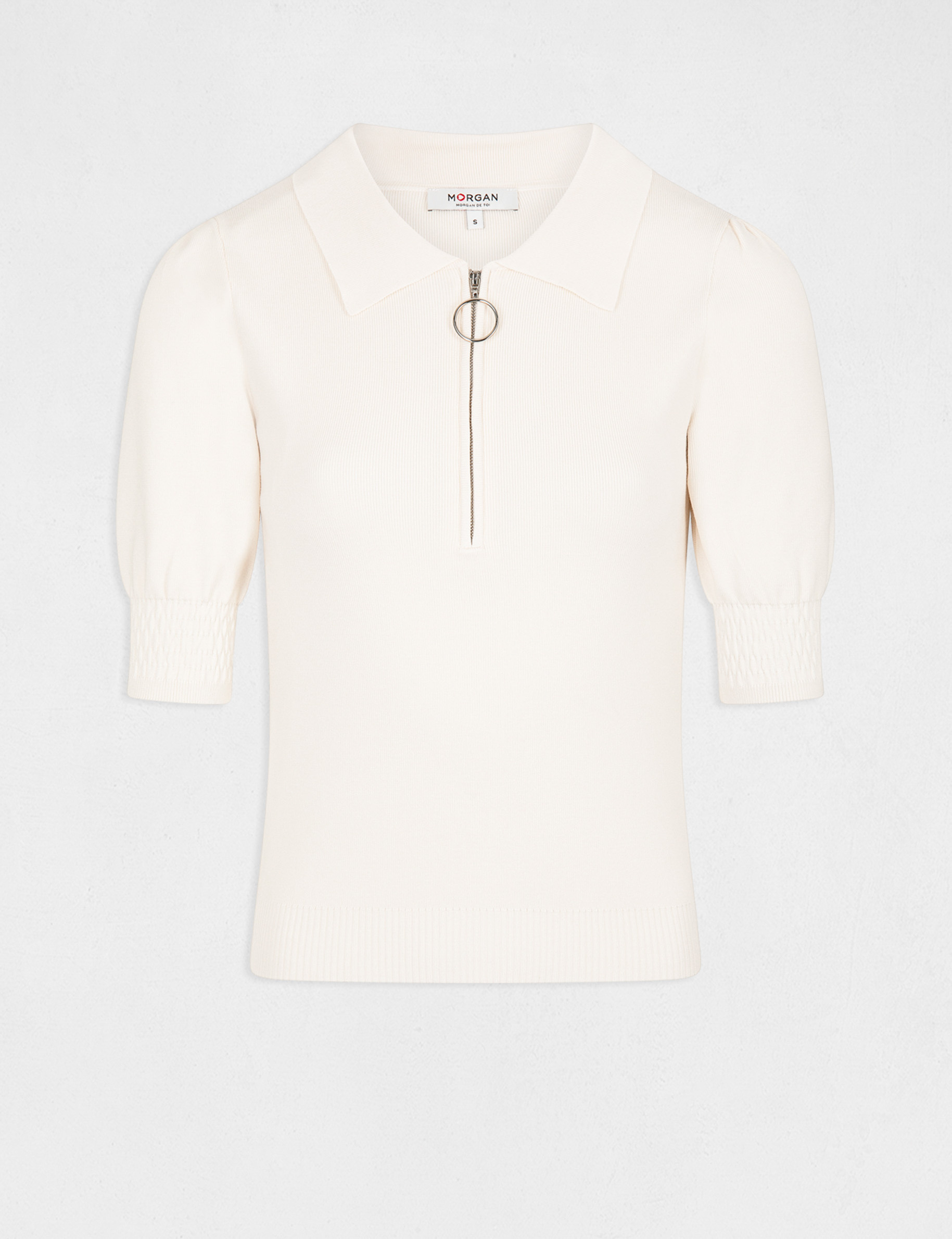 Short-sleeved jumper with polo collar ivory ladies'