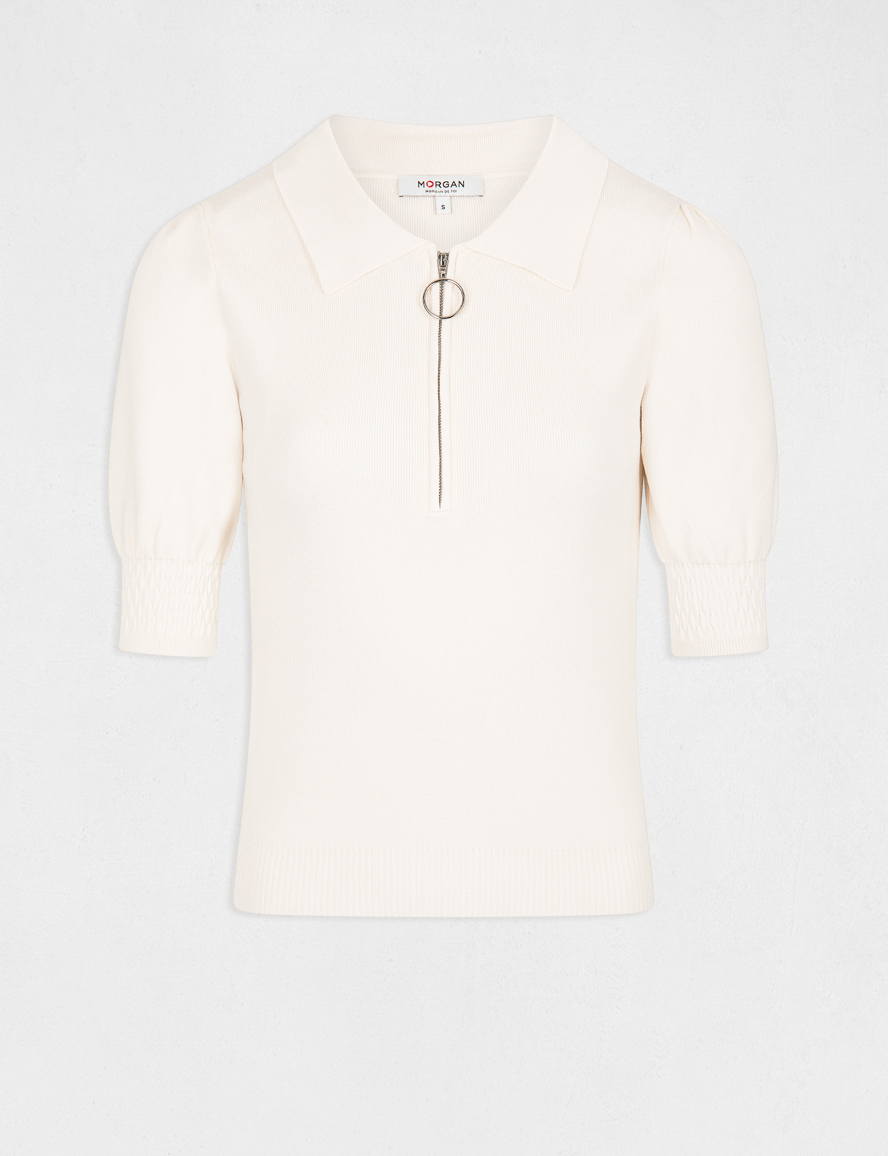 Short-sleeved jumper with polo collar ivory ladies' Short-sleeved jumper with polo collar ivory ladies'