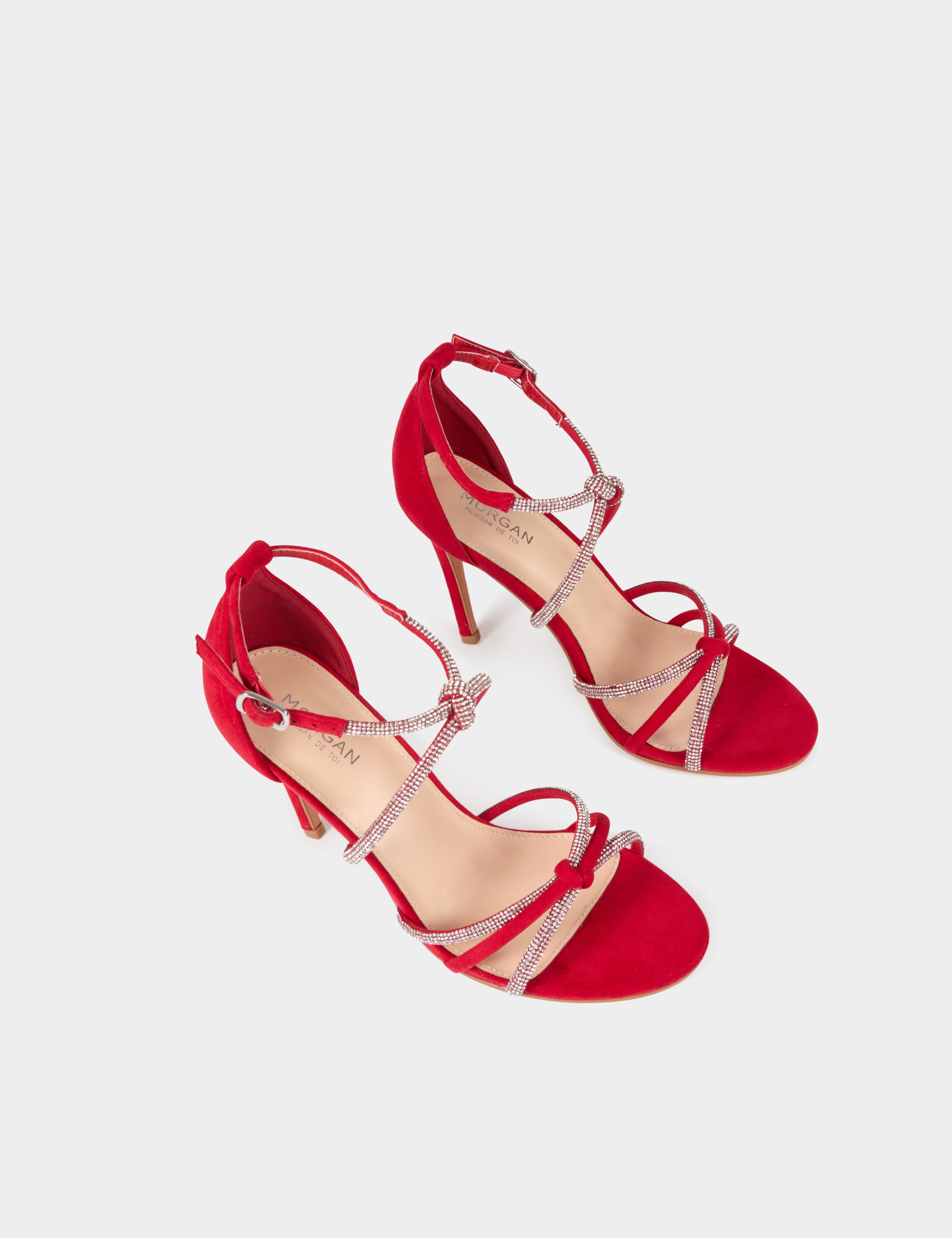 Sandals with heels and rhinestones red women