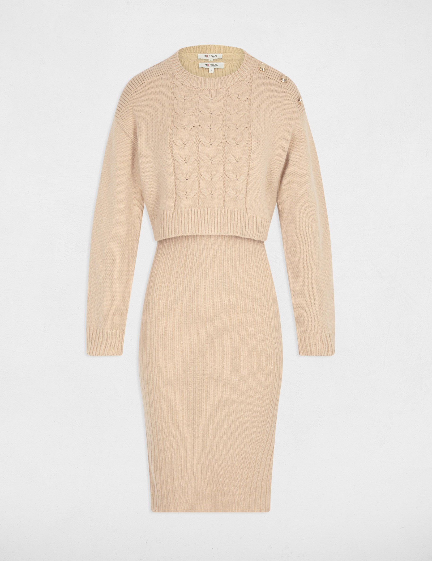 Fitted 2 in 1 knitted dress beige women