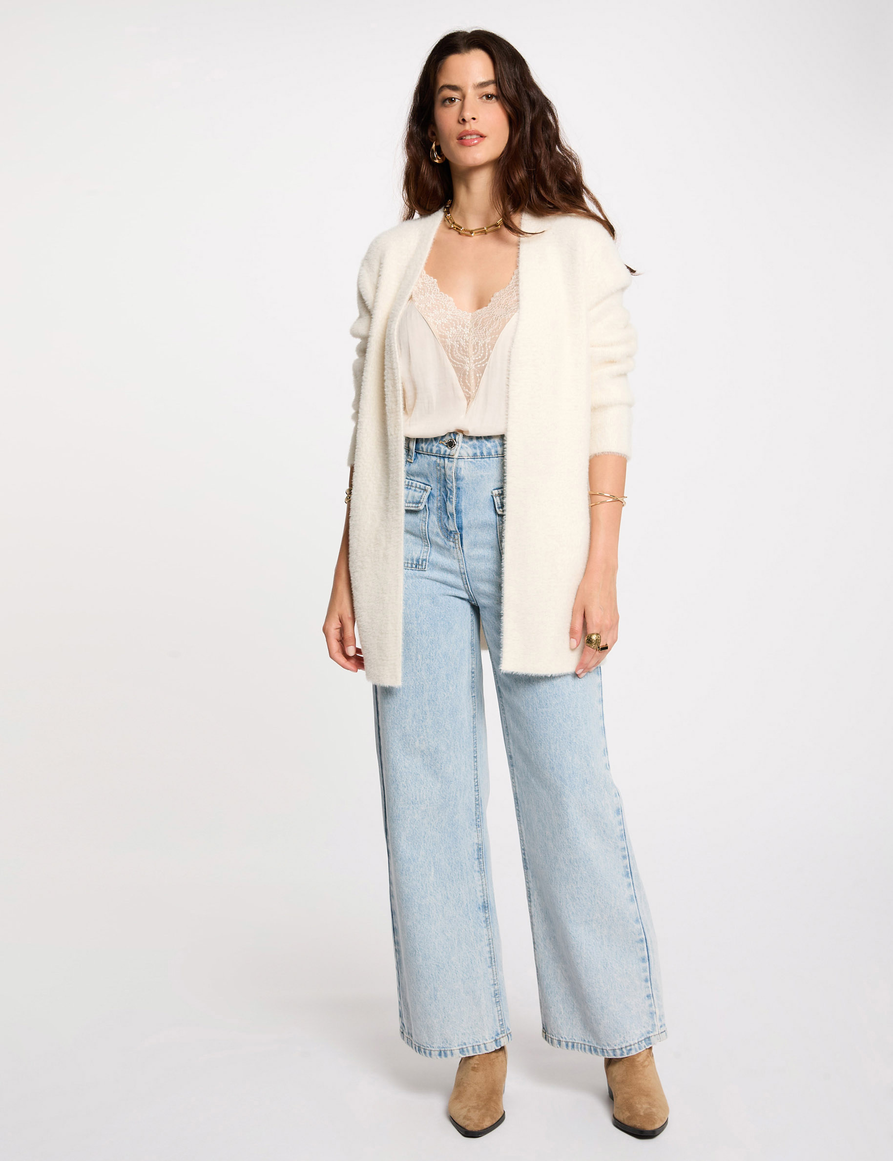long cardigan with fluffy knit ivory women Long cardigan with fluffy knit ivory women