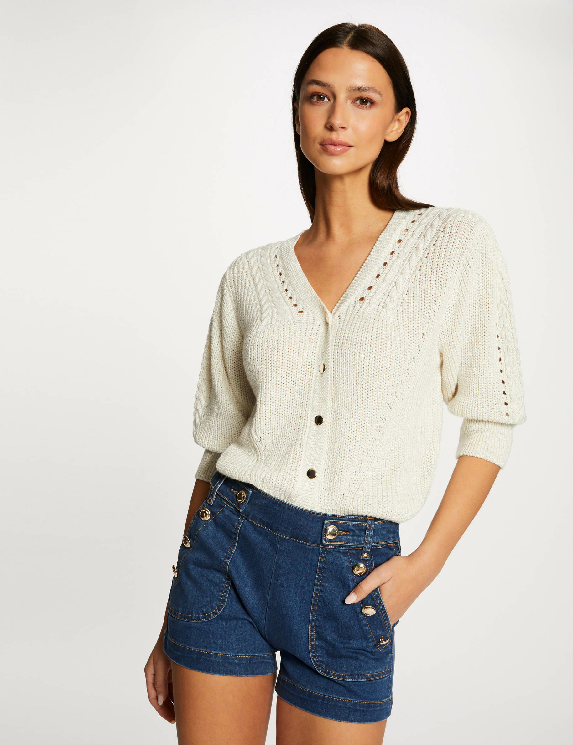 3/4-length sleeved cardigan beige ladies'