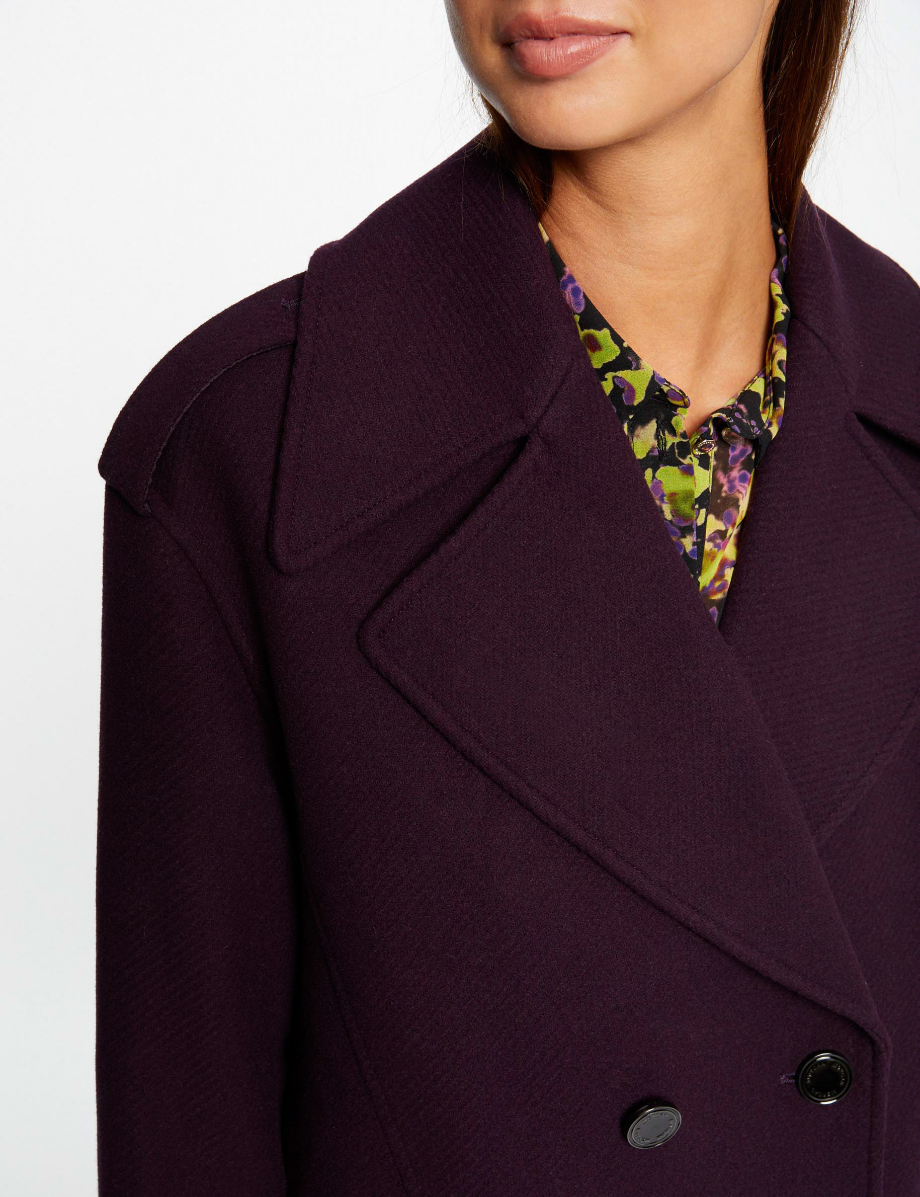 long straight double breasted coat dark purple women Long straight double breasted coat dark purple women