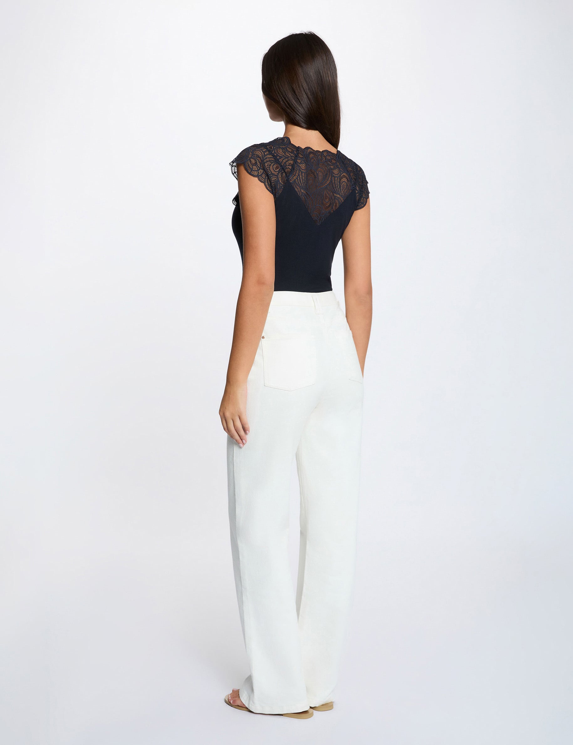 Lace t-shirt with round neck navy blue women