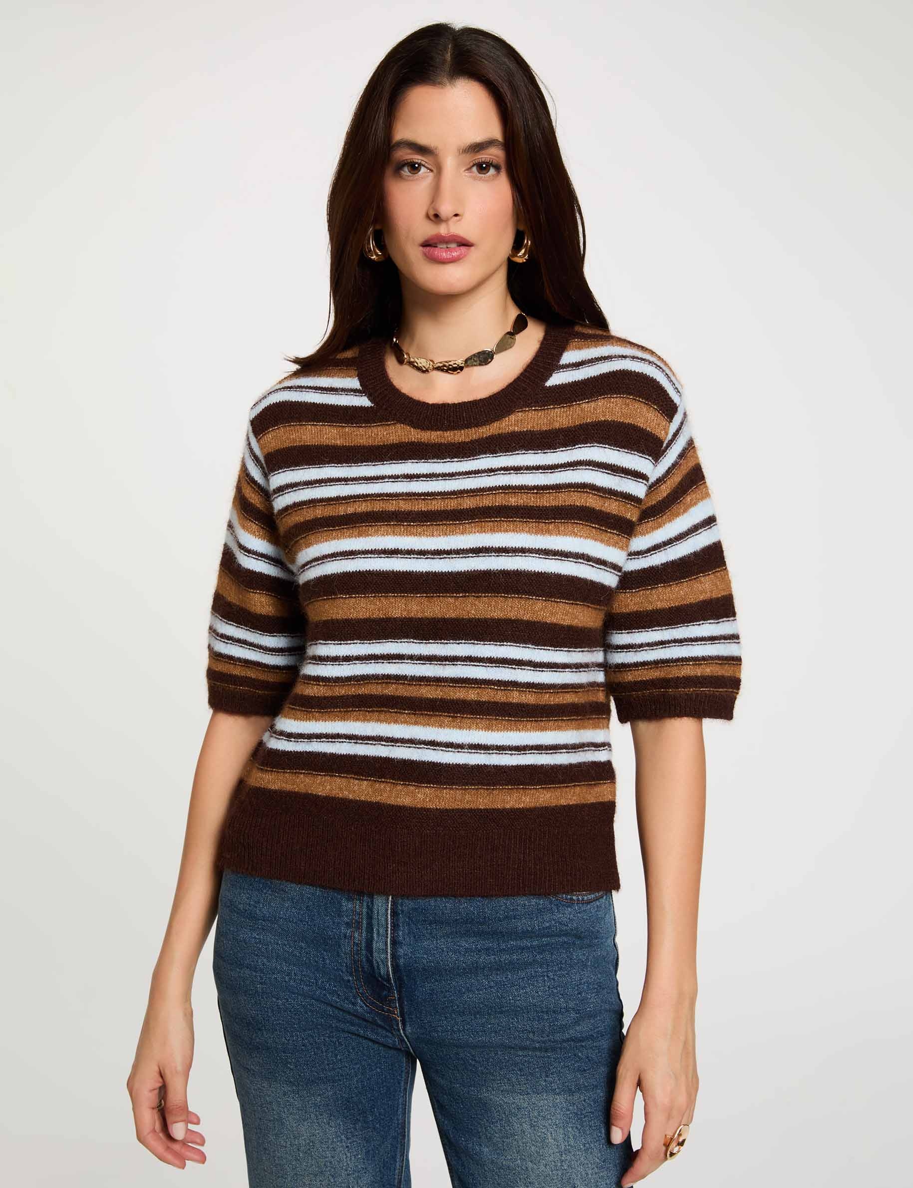 Striped short-sleeve sweater brown women