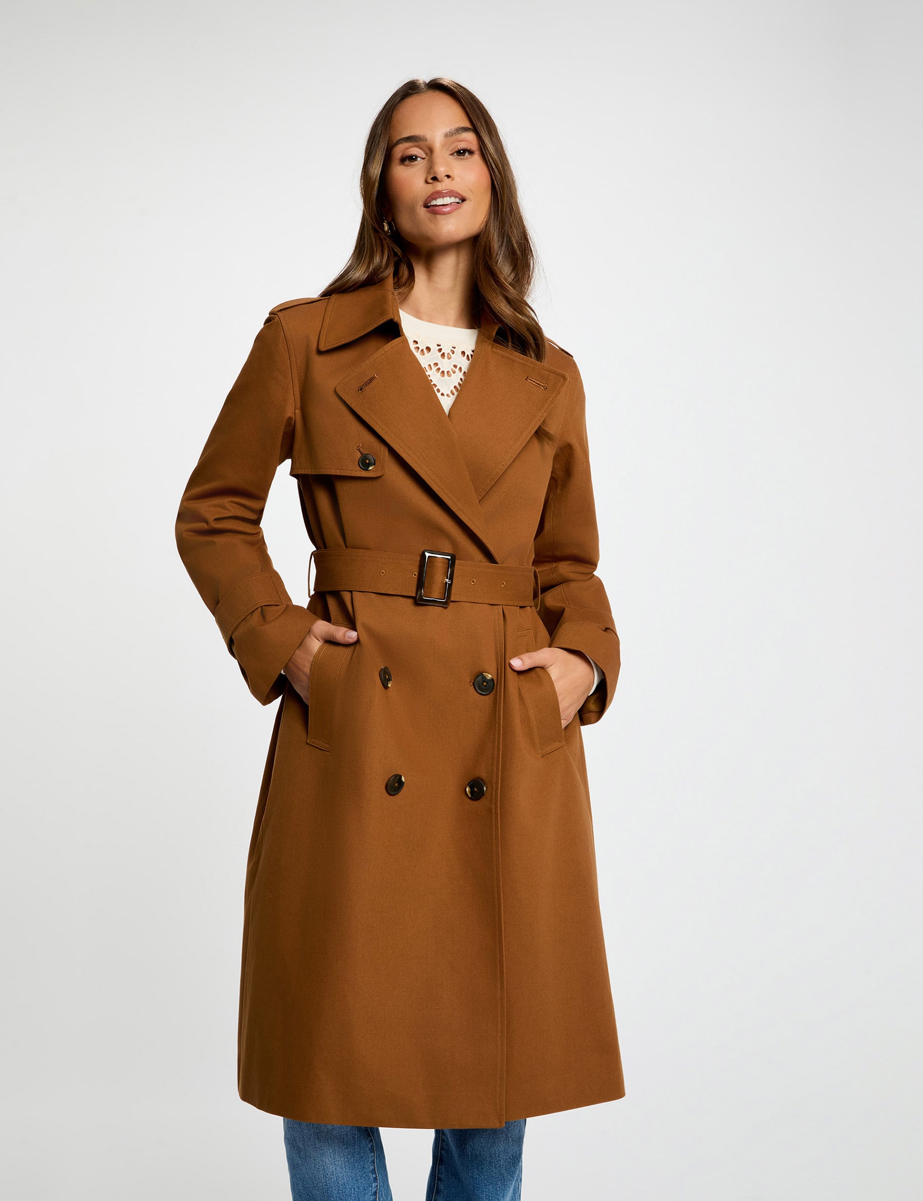 Long trench coat with tailored collar cognac brown women