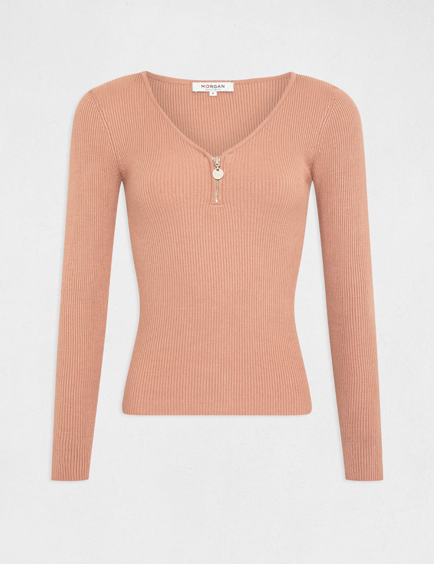 Long-sleeved ribbed jumper zipped detail antique pink ladies'