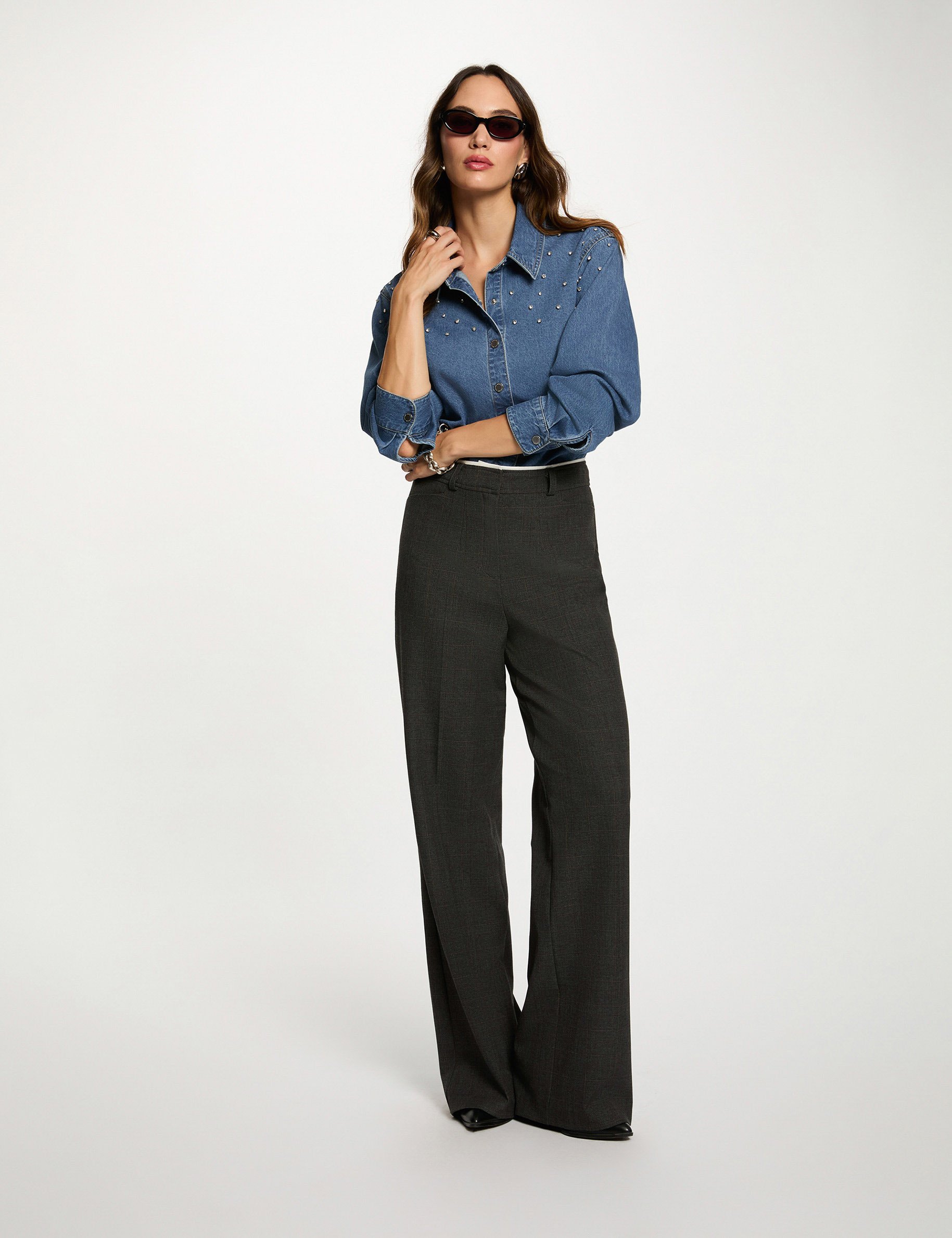 high waisted wide leg trousers mid grey women High-waisted wide-leg trousers mid-grey women