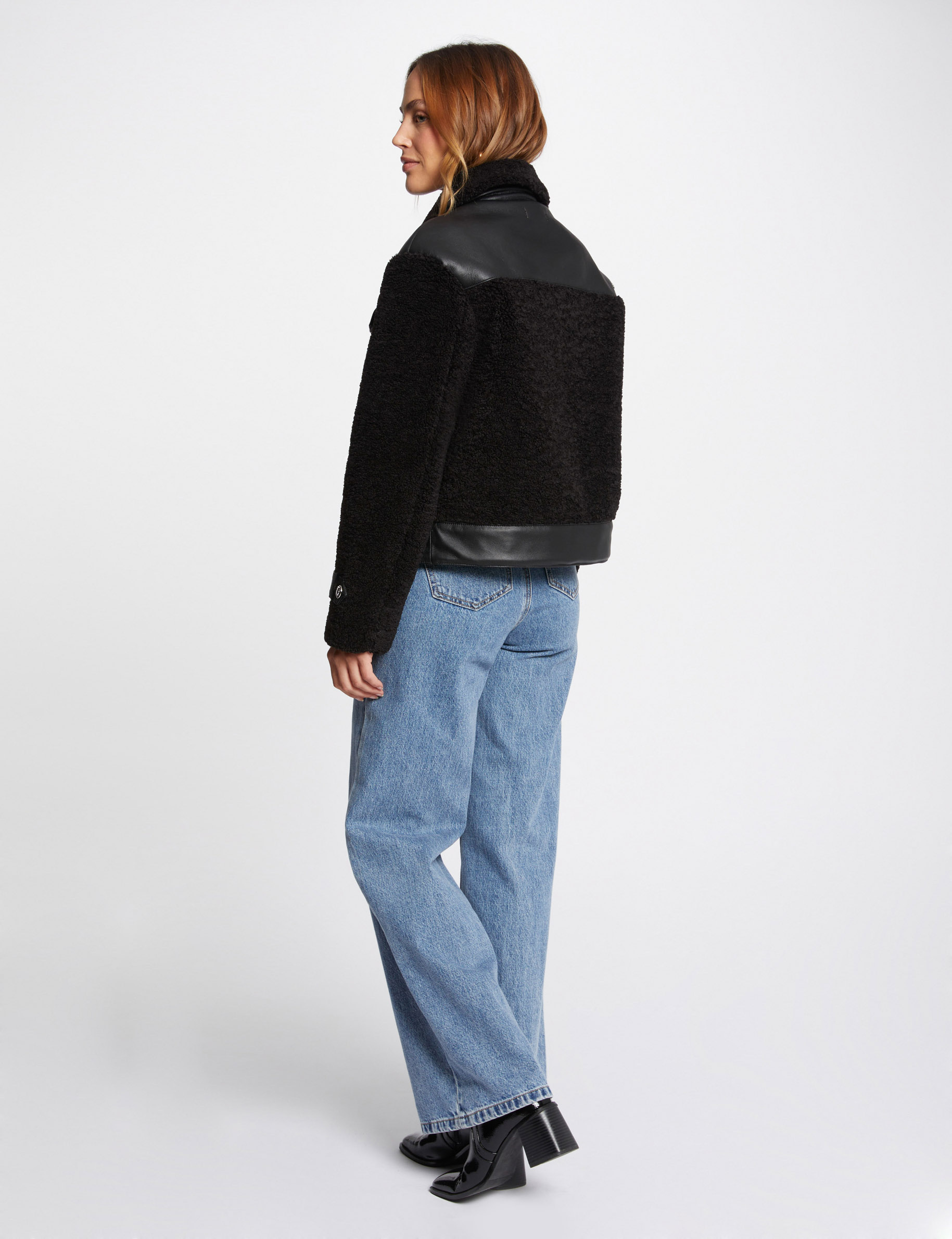 coat faux leather details black women Coat faux leather details black women