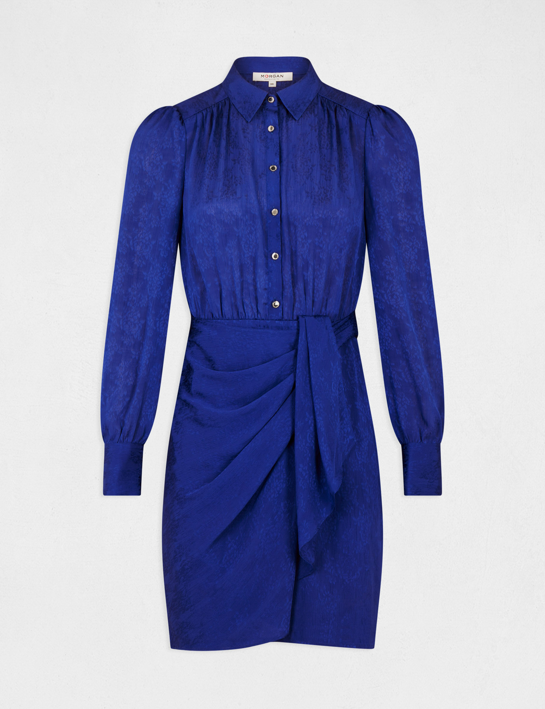 Printed satin draped straight dress electric blue ladies'