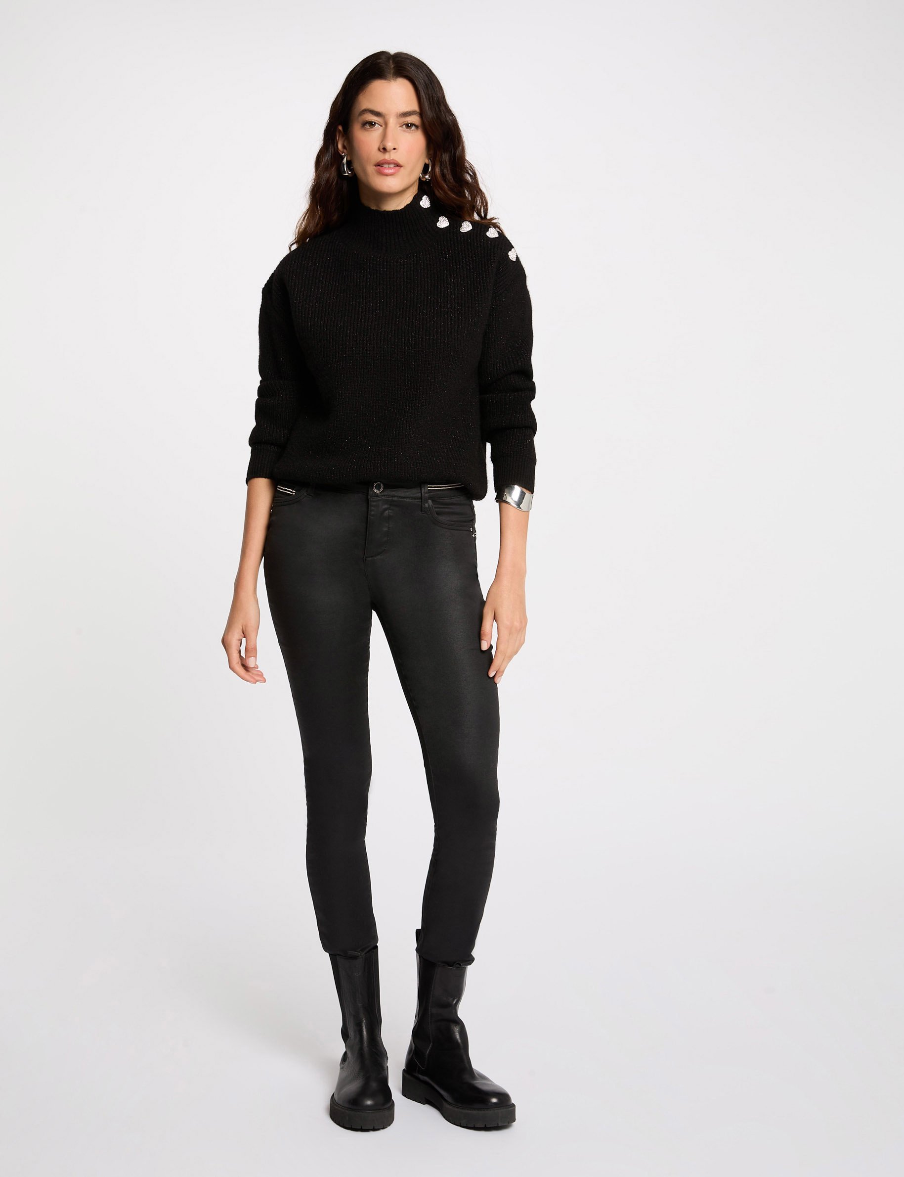 Slim trousers with wet effect black ladies'