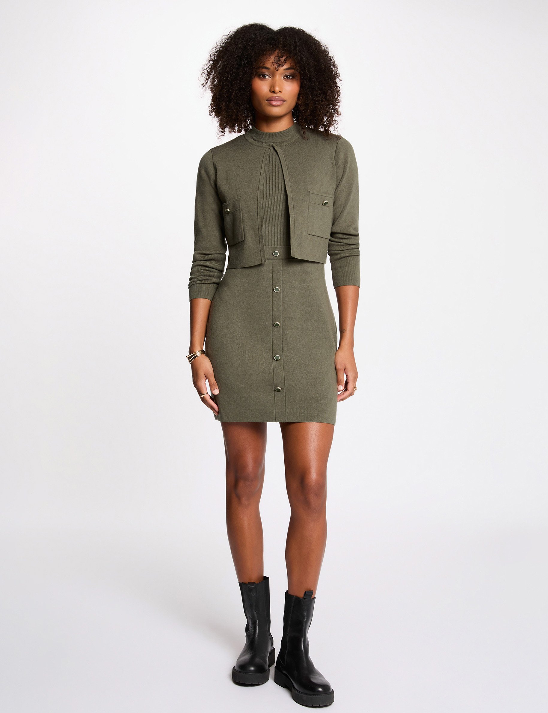 Short 2-in-1 effect dress khaki green women