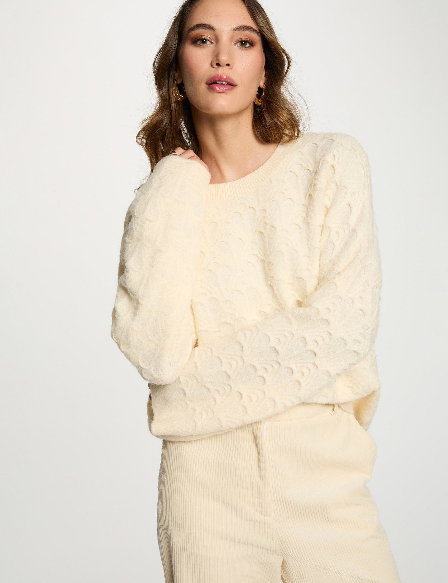 Pull col rond fantaisie ivoire femme