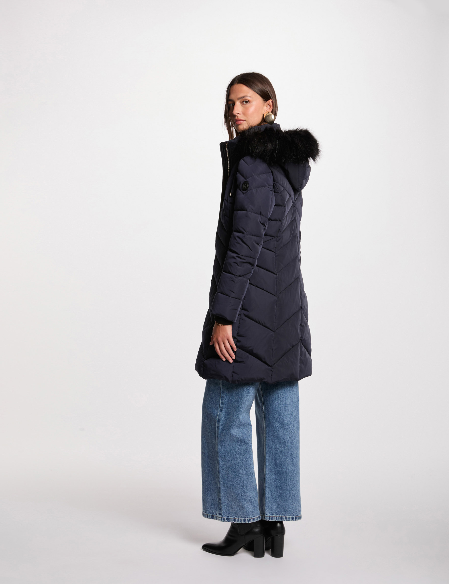 Long hooded puffer jacket navy blue women