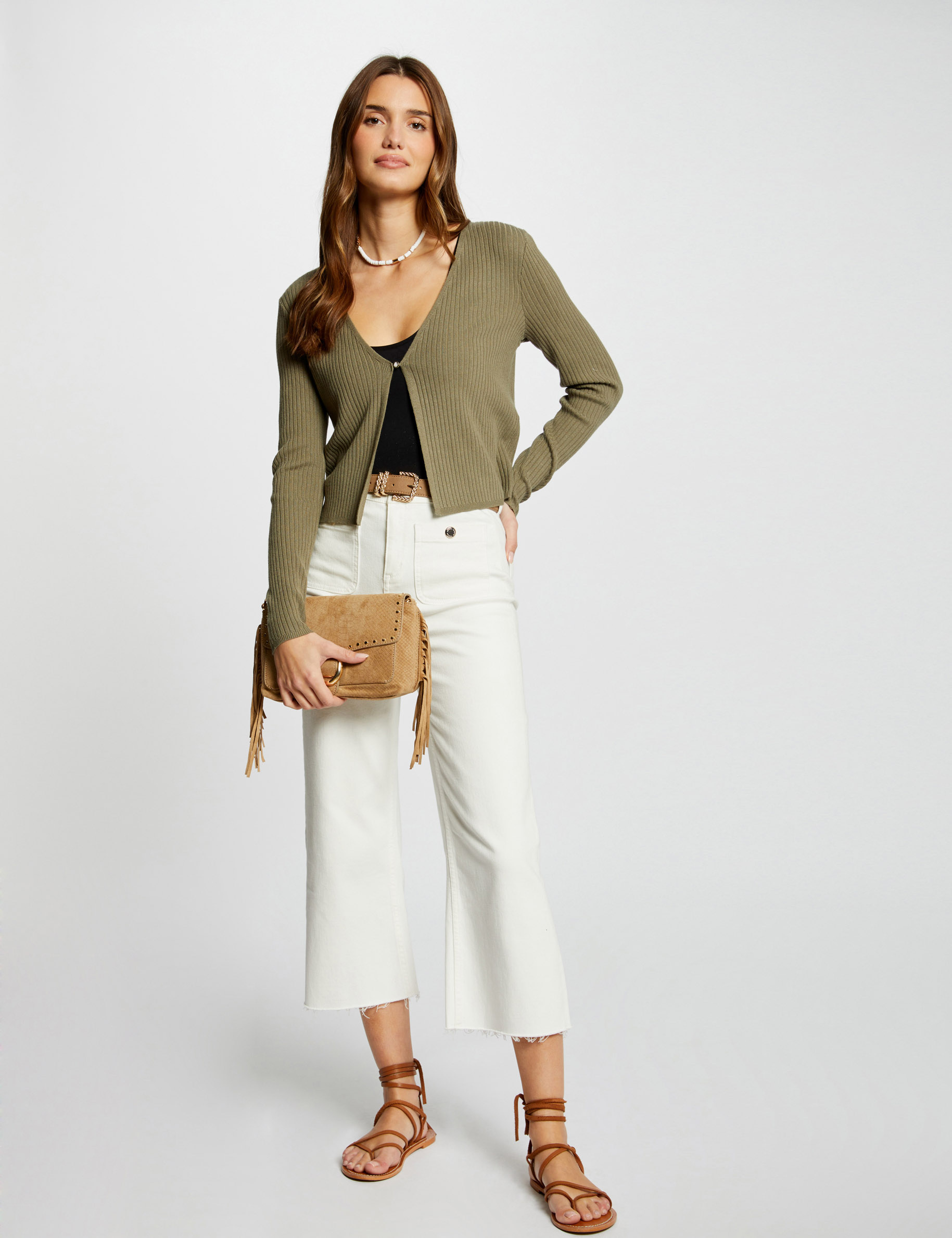 Long sleeved ribbed cardigan khaki green women Morgan
