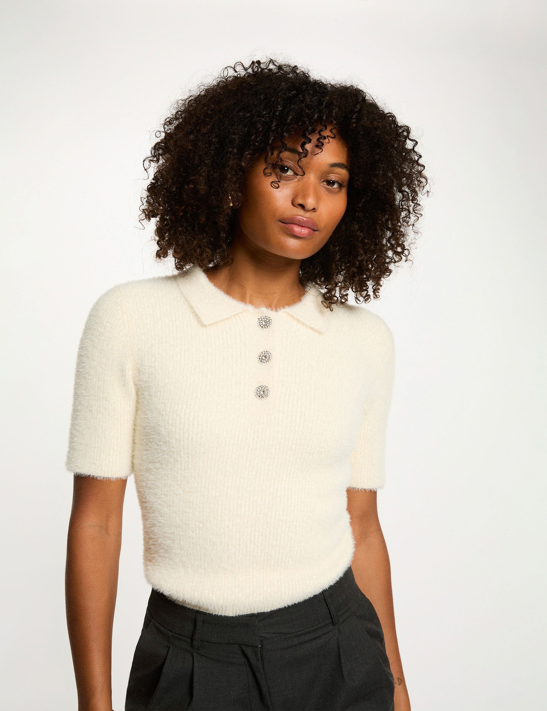 cropped sweater with folded collar ivory women Cropped sweater with folded collar ivory women