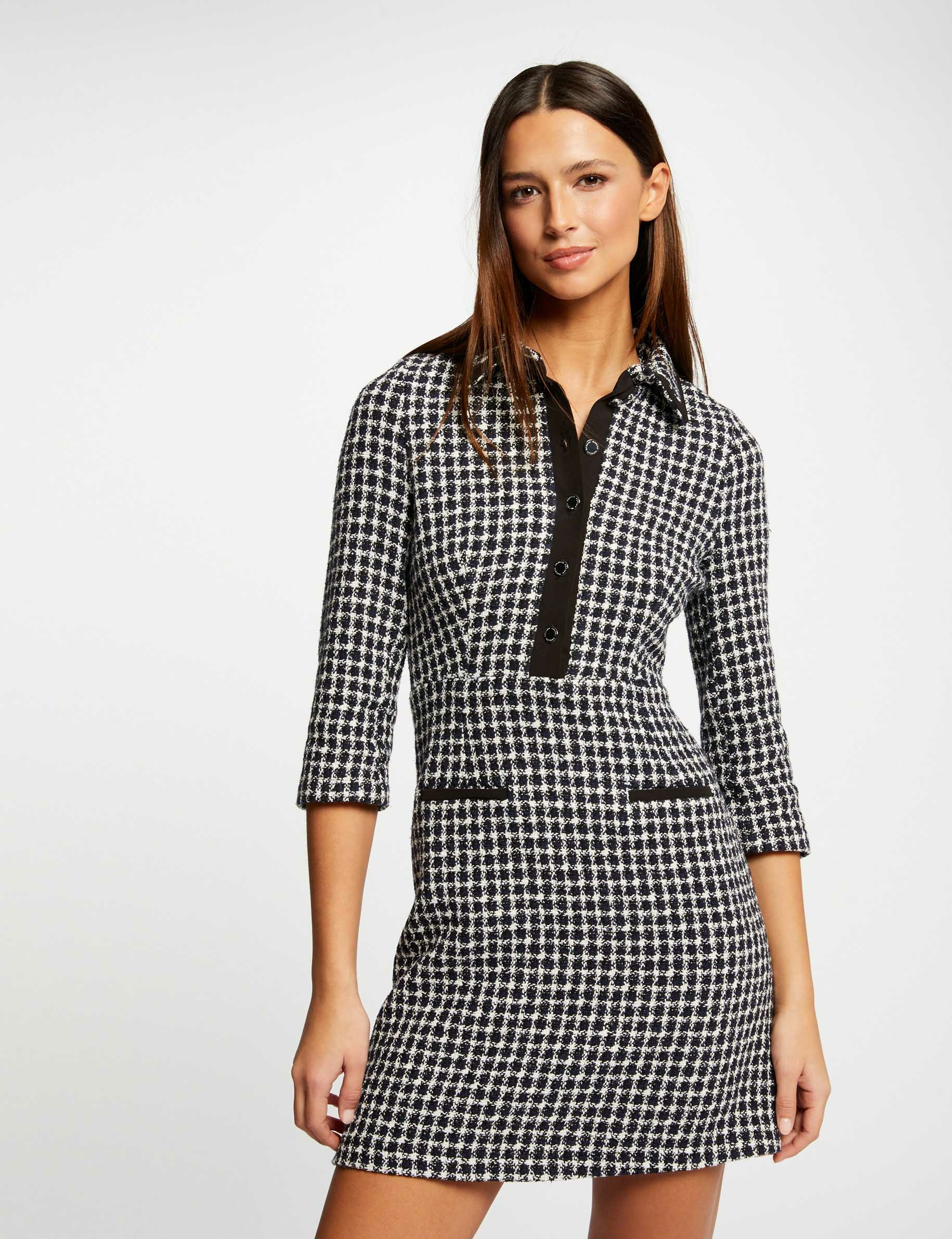 3/4-length sleeved buttoned dress navy ladies'