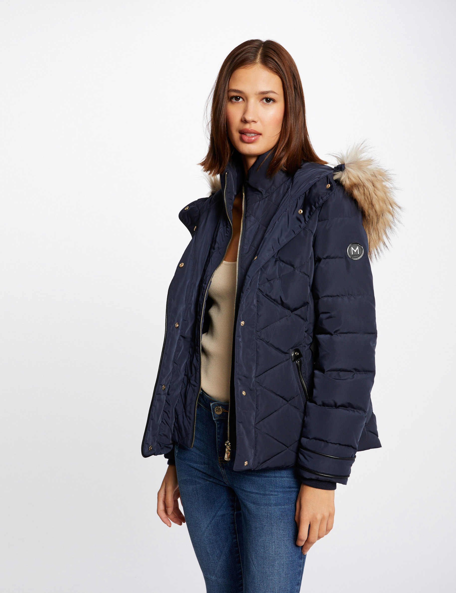 Straight belted padded jacket with hood navy ladies'