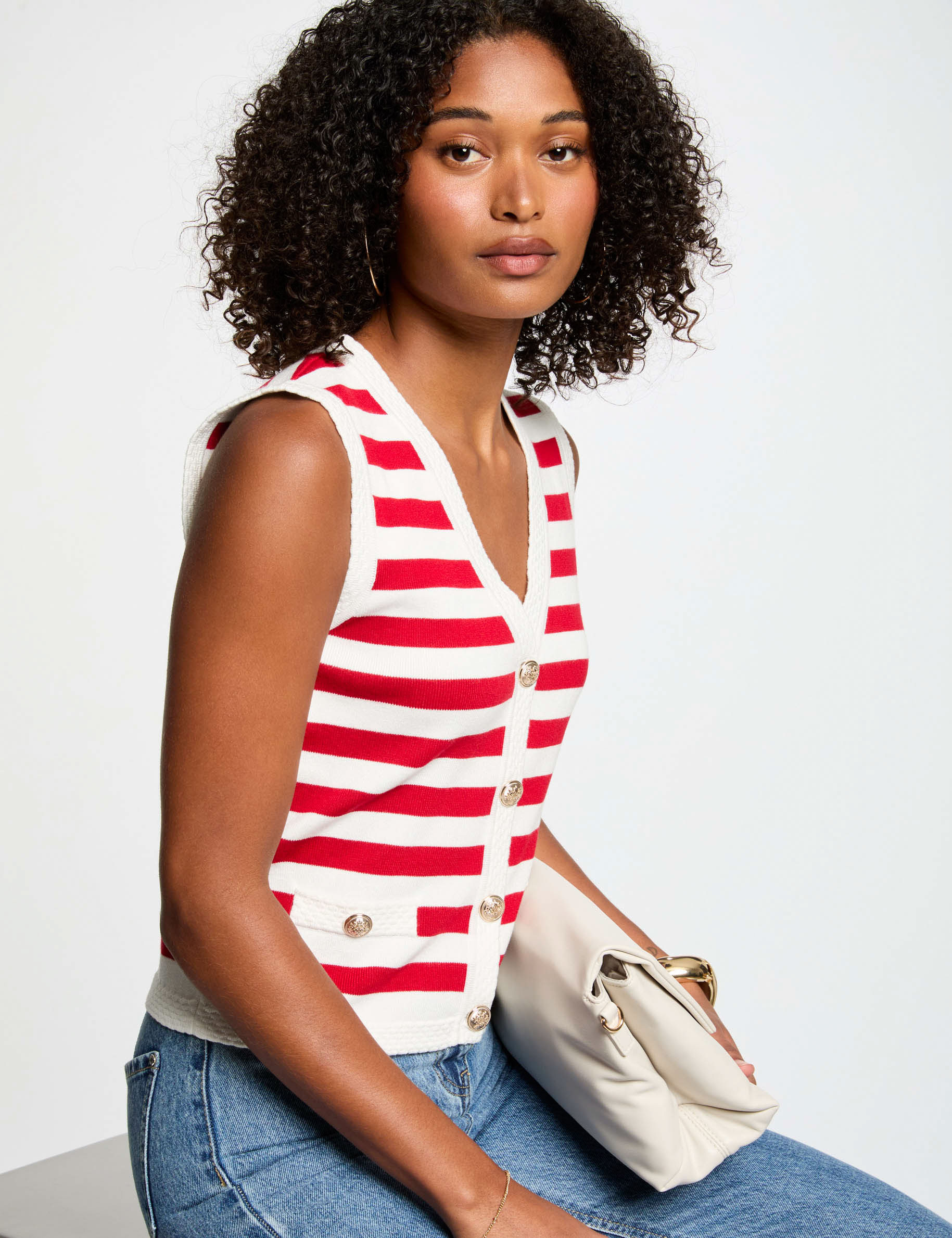 Striped sleeveless cardigan white women