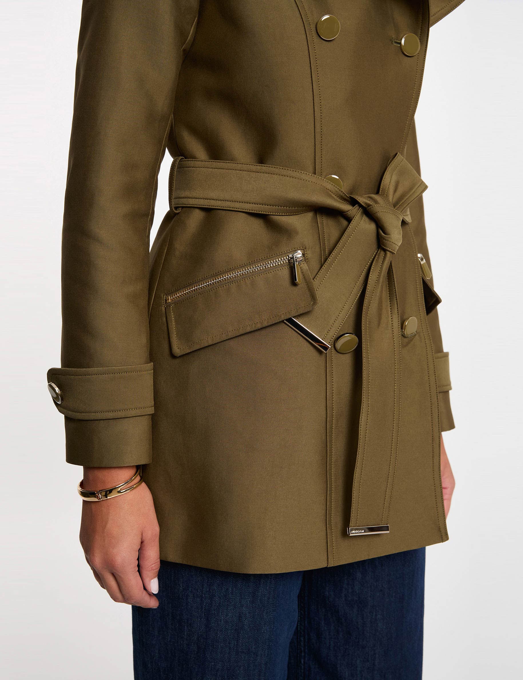 Waisted belted trenchcoat with hood khaki green women