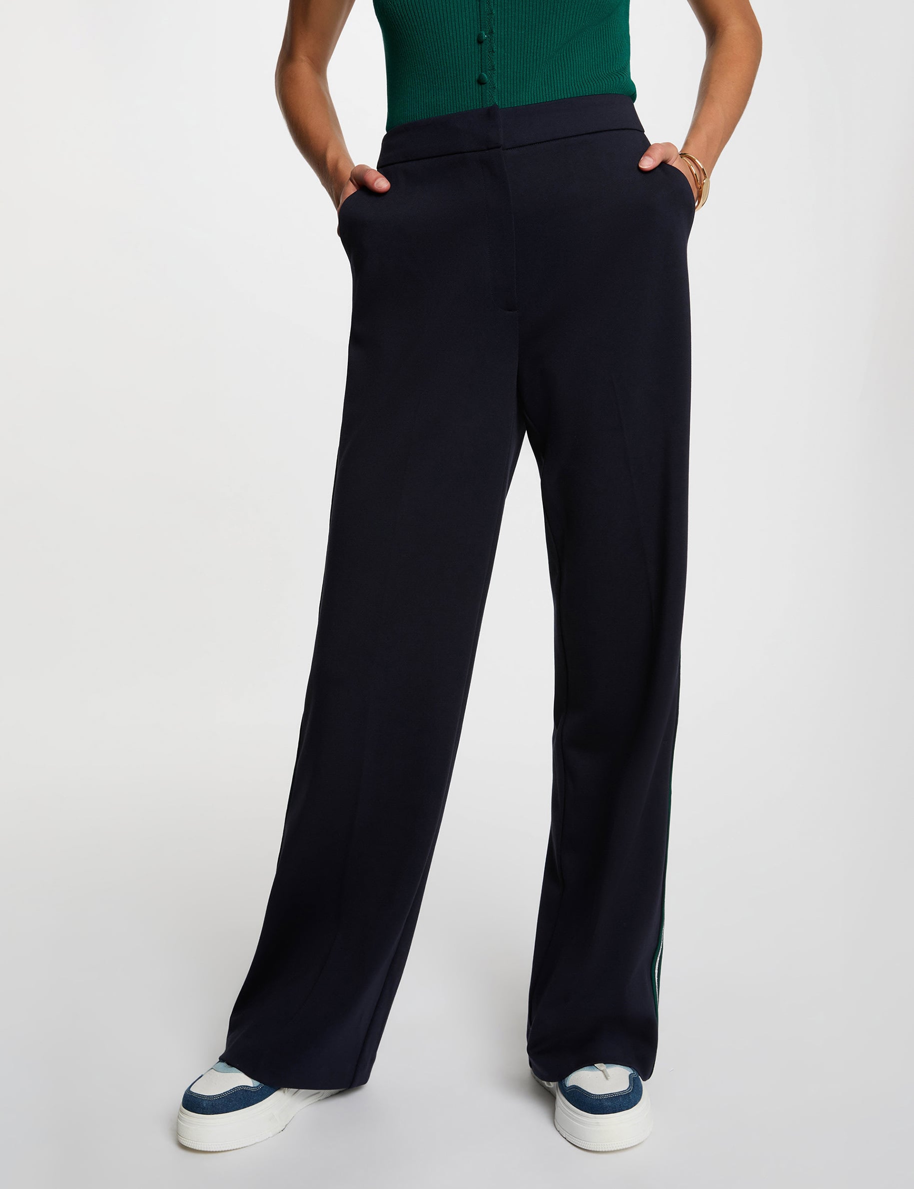 Wide-leg trousers with side stripes navy blue women