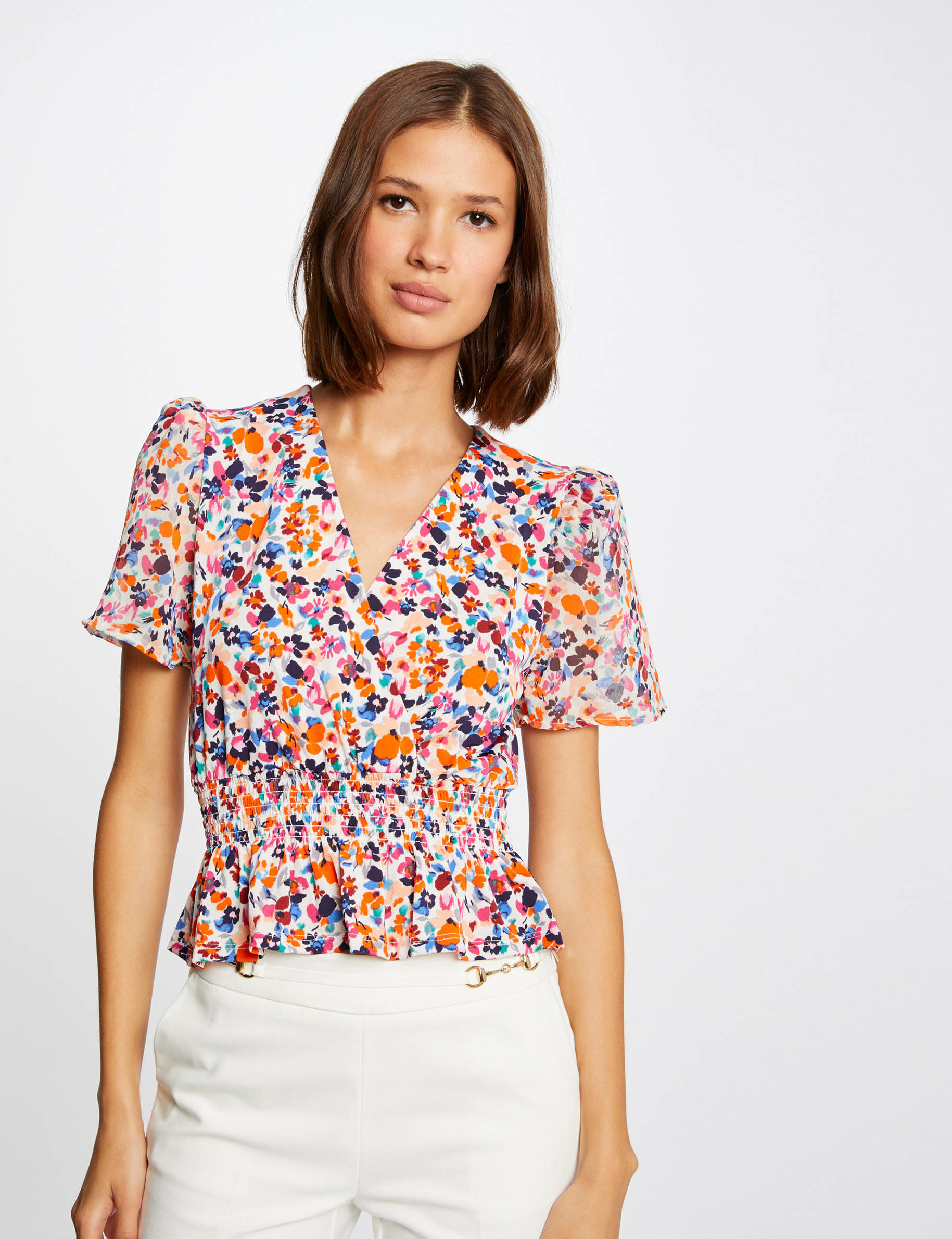 Short-sleeved t-shirt floral print ecru ladies'