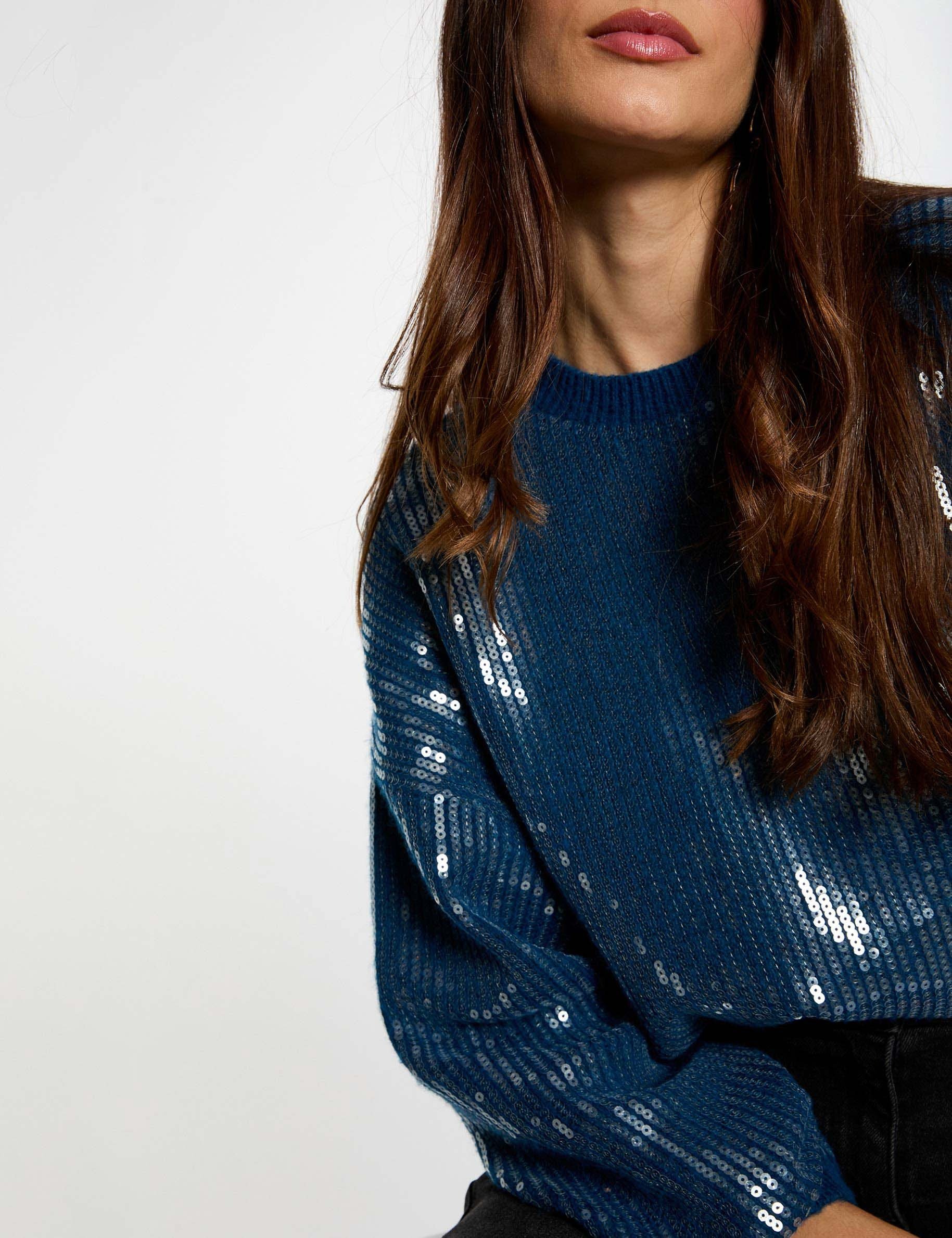 Sequin sweater with round neck petroleum blue women