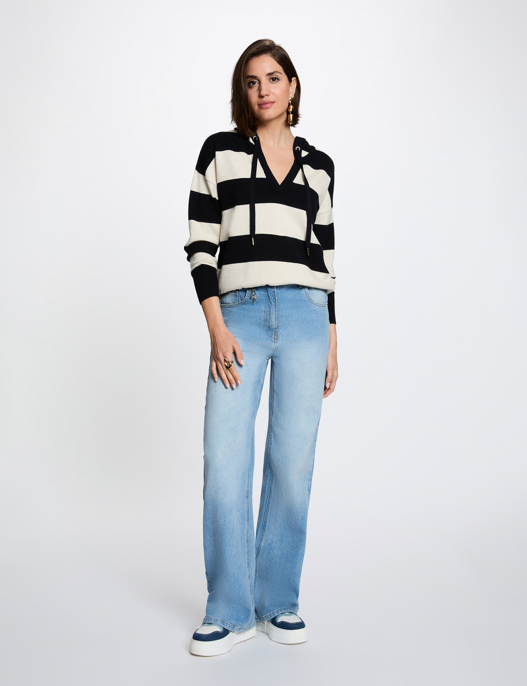 Striped sweater with hood navy blue women