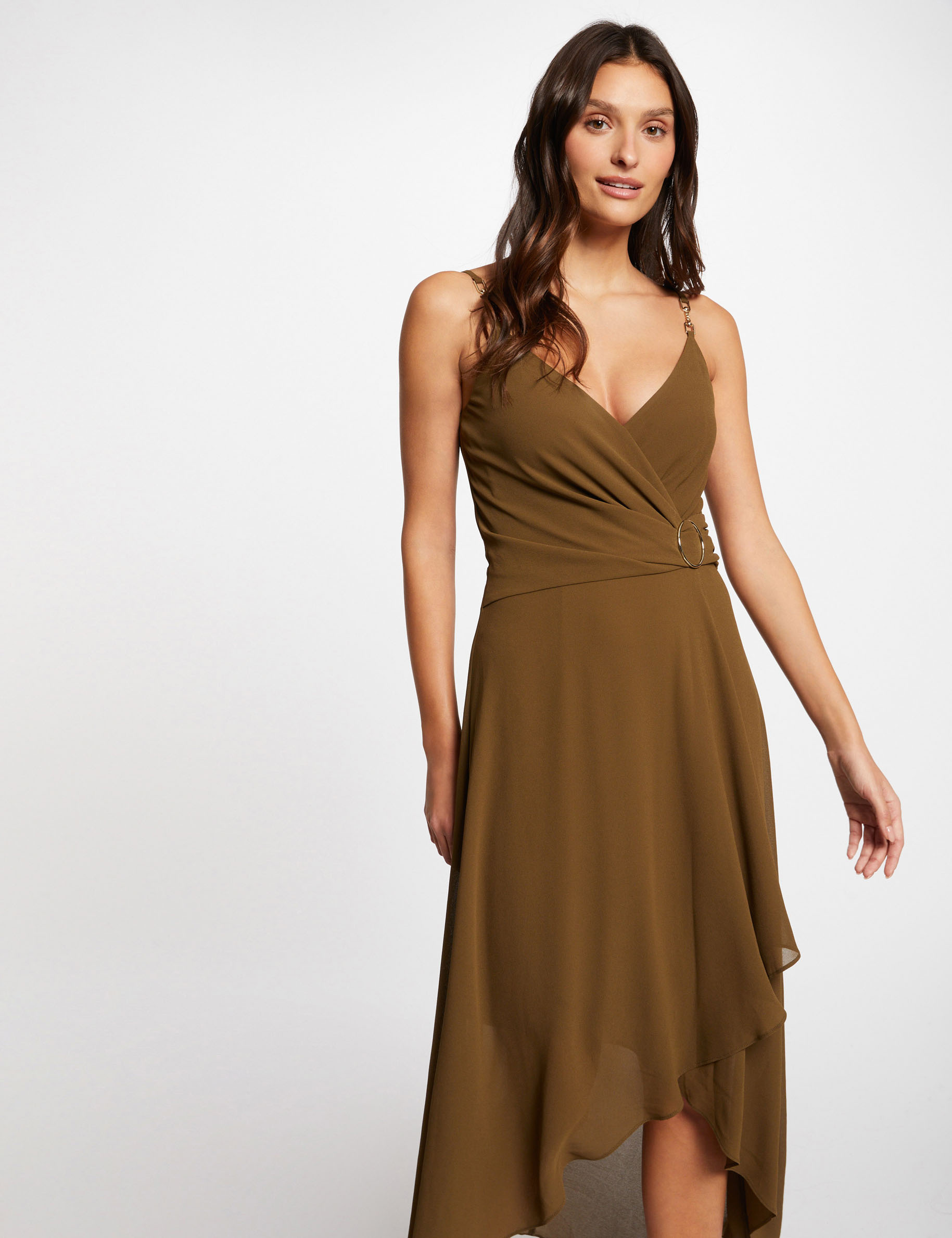 Midi dress with thin straps khaki green ladies'