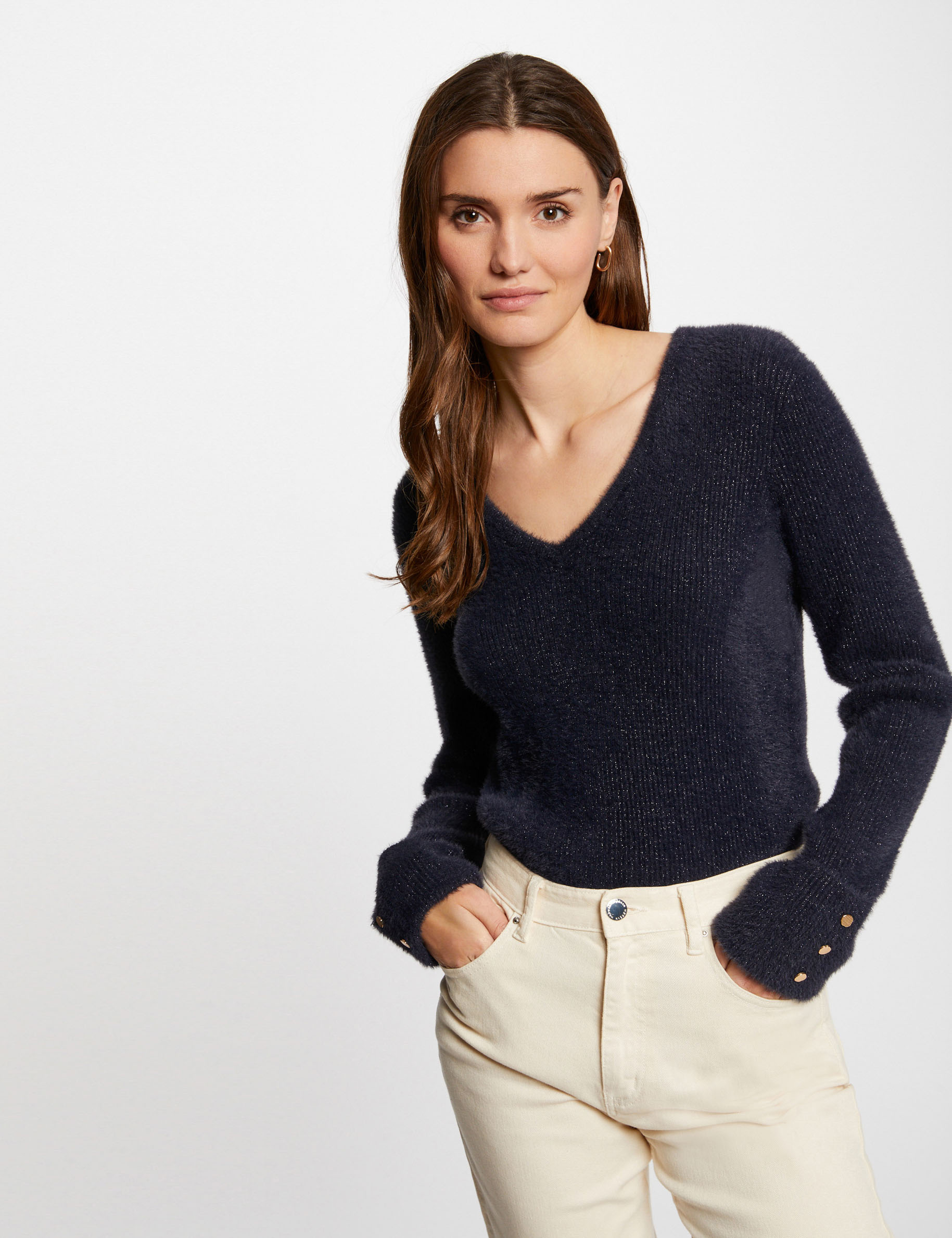 Ladies navy sales v neck jumper